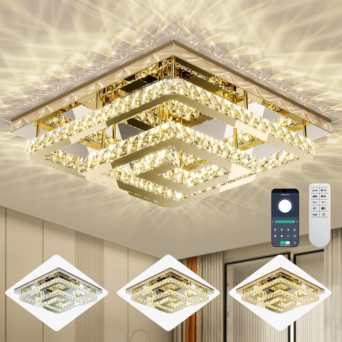 25" Modern Gold Crystal Chandelier with Remote/APP Control, Dimmable Flush Mount Ceiling Light Fixture, 3-Color Temperature,Led Ceiling Lamp for LivingRoom Bedroom Kitchen DiningRoom Entryway