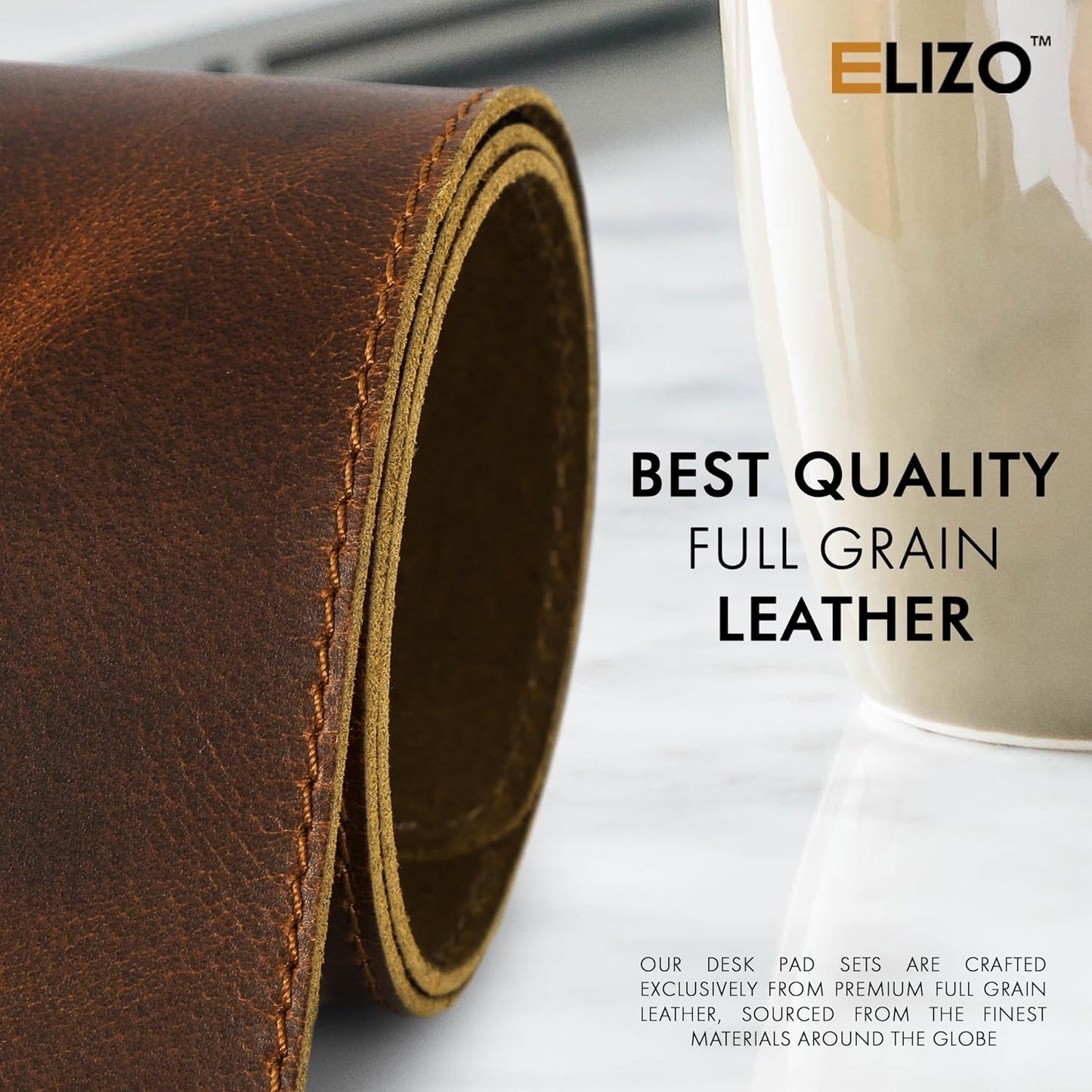 Elizo Real Leather Desk Mat Set (32x16) Large Desk Cover Desk Blotter Protector Computer Gaming Mouse Pad Table Laptop Office Desktop Accessories