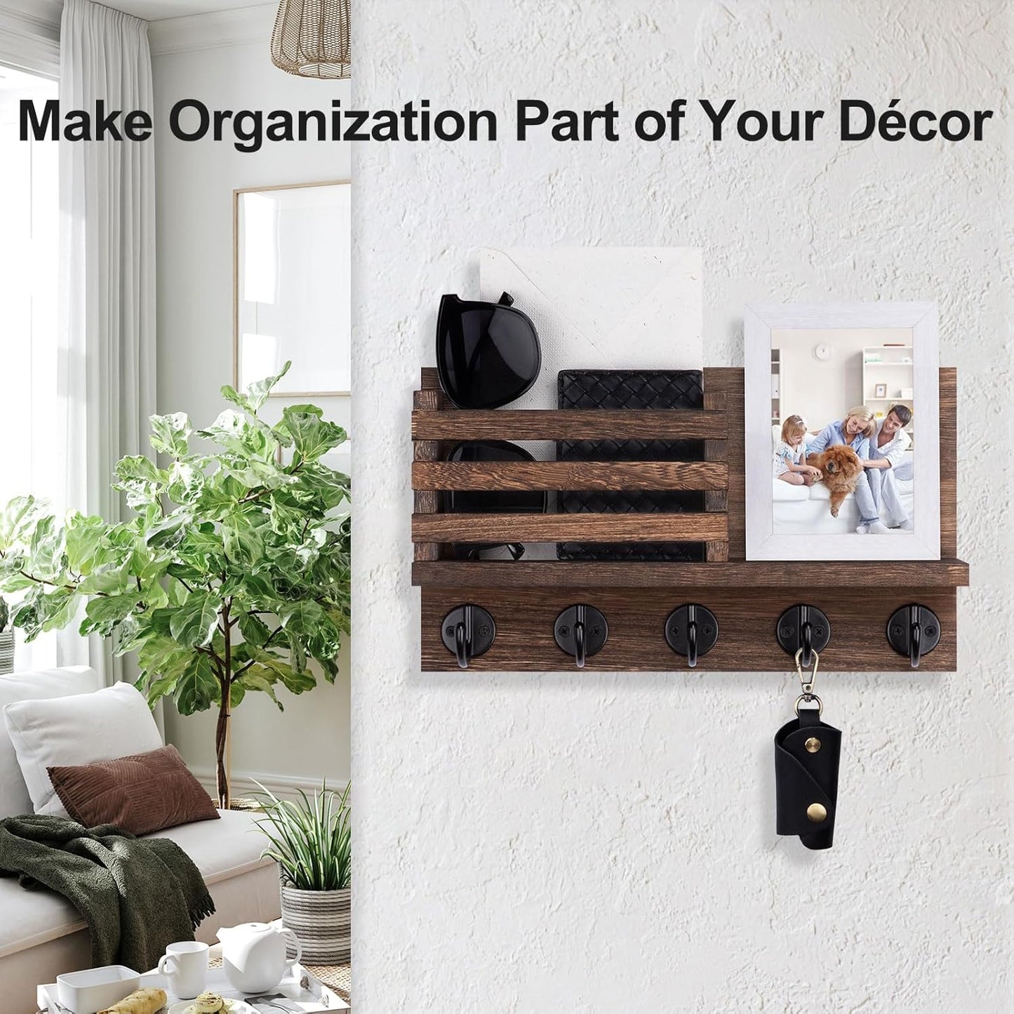 Key Holder for Wall – Decorative Wooden Mail Holder and Key Shelf with Mounting Hardware, Installation Guide – Paulownia Wood with 5 Metal Key Hooks (11.8” x 6.7” x 2.8”)