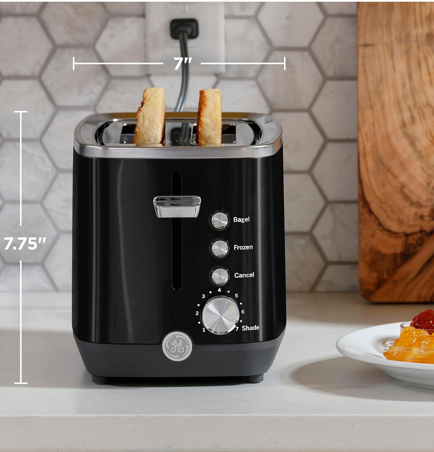 GE 2 Slice Black Stainless Steel Toaster, Extra Wide Slots for Toasting Bagels, Breads, Waffles & More, 7 Adjustable Shade Settings, Removable Crumb Tray, Countertop Kitchen Essentials, 850 Watts