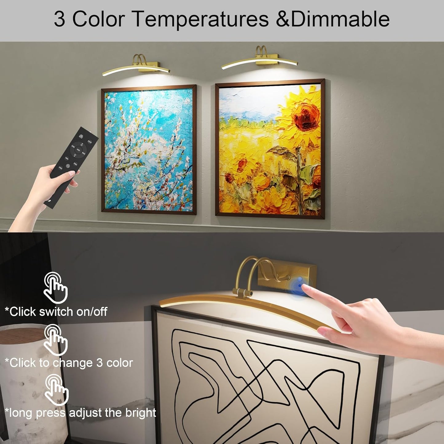PAIHOME Picture Light for Wall Battery Operated, Rechargeable Picture Light with Smart Motion Sensor, Remote Dimmable & Timer, ‌16in Gold Wireless Art Lighting for Paintings Canvas Gallery Portraits