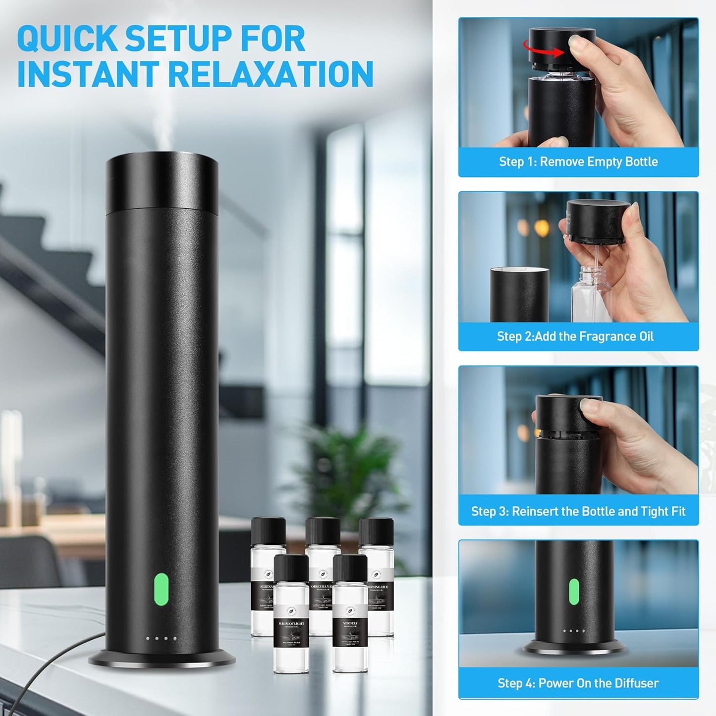 Waterless Scent Diffuser Starter Kit - 1000 Sq Ft Coverage, Hotel Scent Diffuser, Essential Oil Diffuser Large Room, Included 5 Scent Oils, Remote Control, SandGreen