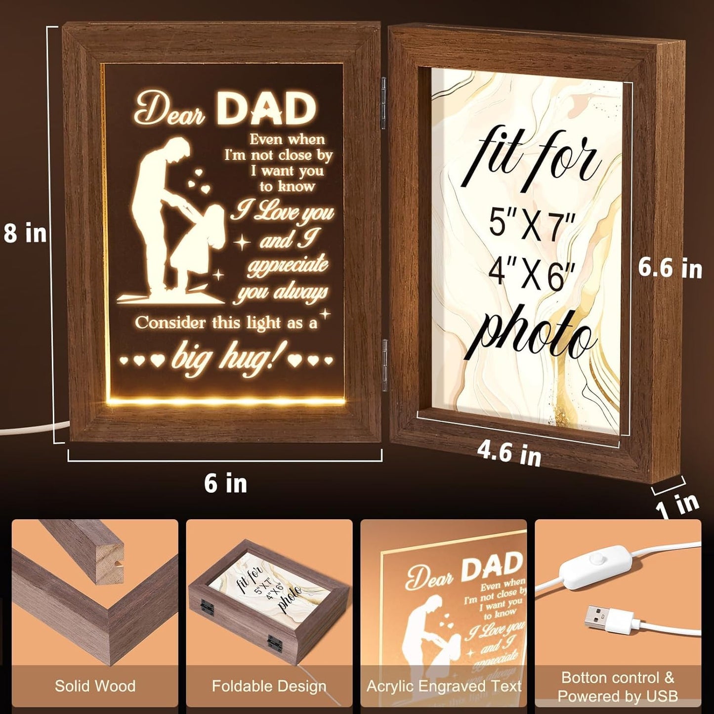 Tiblue Christmas Gifts for Dad from Daughter Son Kids Wife Dad Gifts for Dad Who Wants Nothing Best Daddy Gift - Night Light with Father Picture Frame for 5x7 Photos New Daddy Bonus Step Father Gift