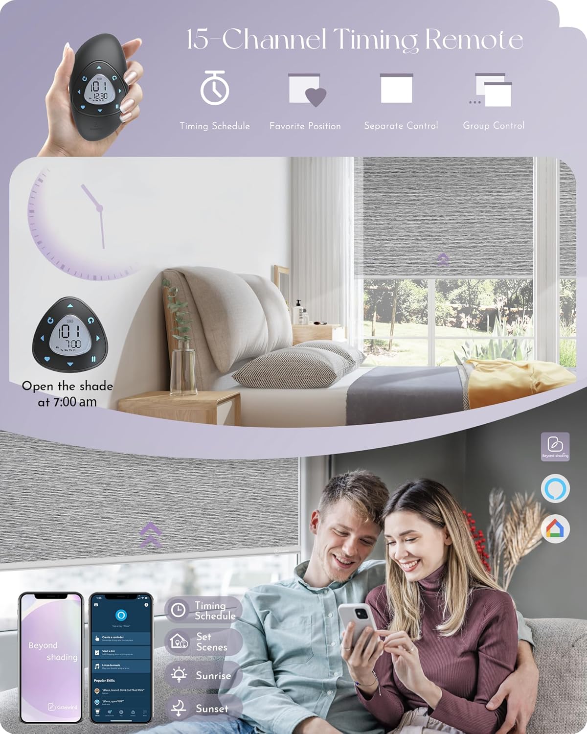 Graywind Smart Blackout Roller Shades Compatible with Alexa Google Textured Gleaming Fabric Rechargeable Motorized Blinds Cordless Remote Control Window Shades, Custom Size (Striped Grey)