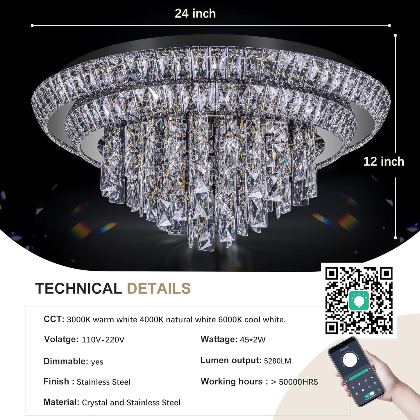 24 inch Crystal Black Ceiling-Light Flush Mount with Remote and APP Control, 3CCT Dimmable & Brightness Adjustable, Modern Crystal Raindrop Chandeliers for Bedroom Hallway Dinning Room Living Room