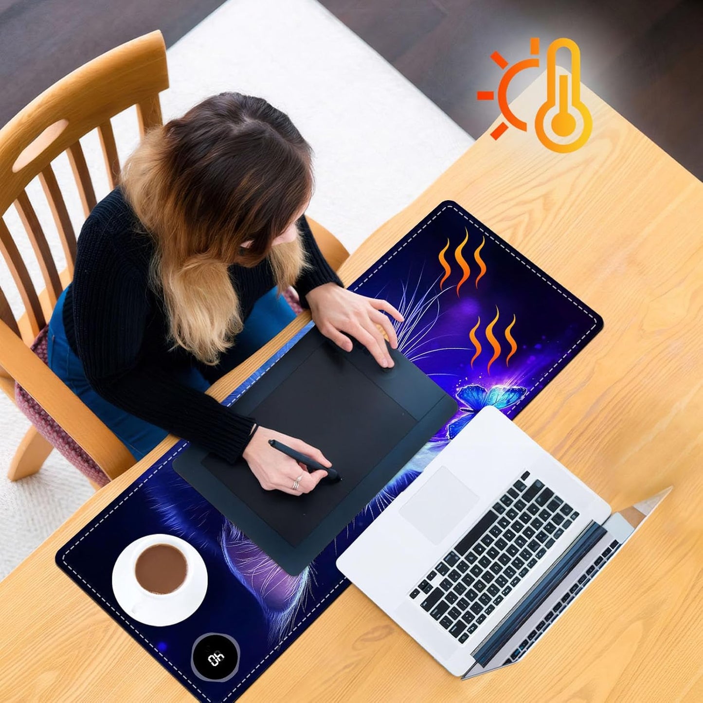 Heated Mouse Pad, Warm Desk Pad, Keyboard Mat 31.5 x 13 Inch Large Size Intelligent Fast Heating, 3 Speed Adjustable, Timed Auto Power Off for Game Office Home,Blue Cat Butterfly