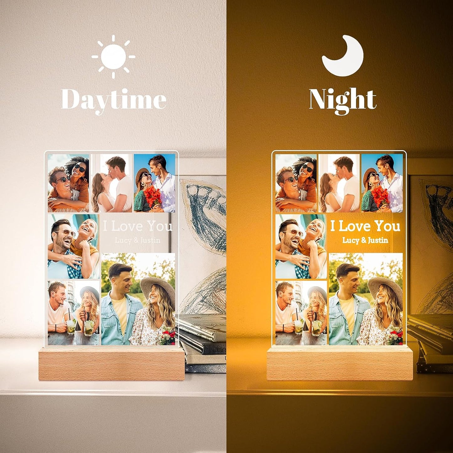 Custom Picture Frames with Photo, Personalized Photo Frame with Night Light, Customized Picture Frame, Personalized Anniversary Valentines Day Gifts for Women Men Her Him Girlfriend Boyfriend Couple
