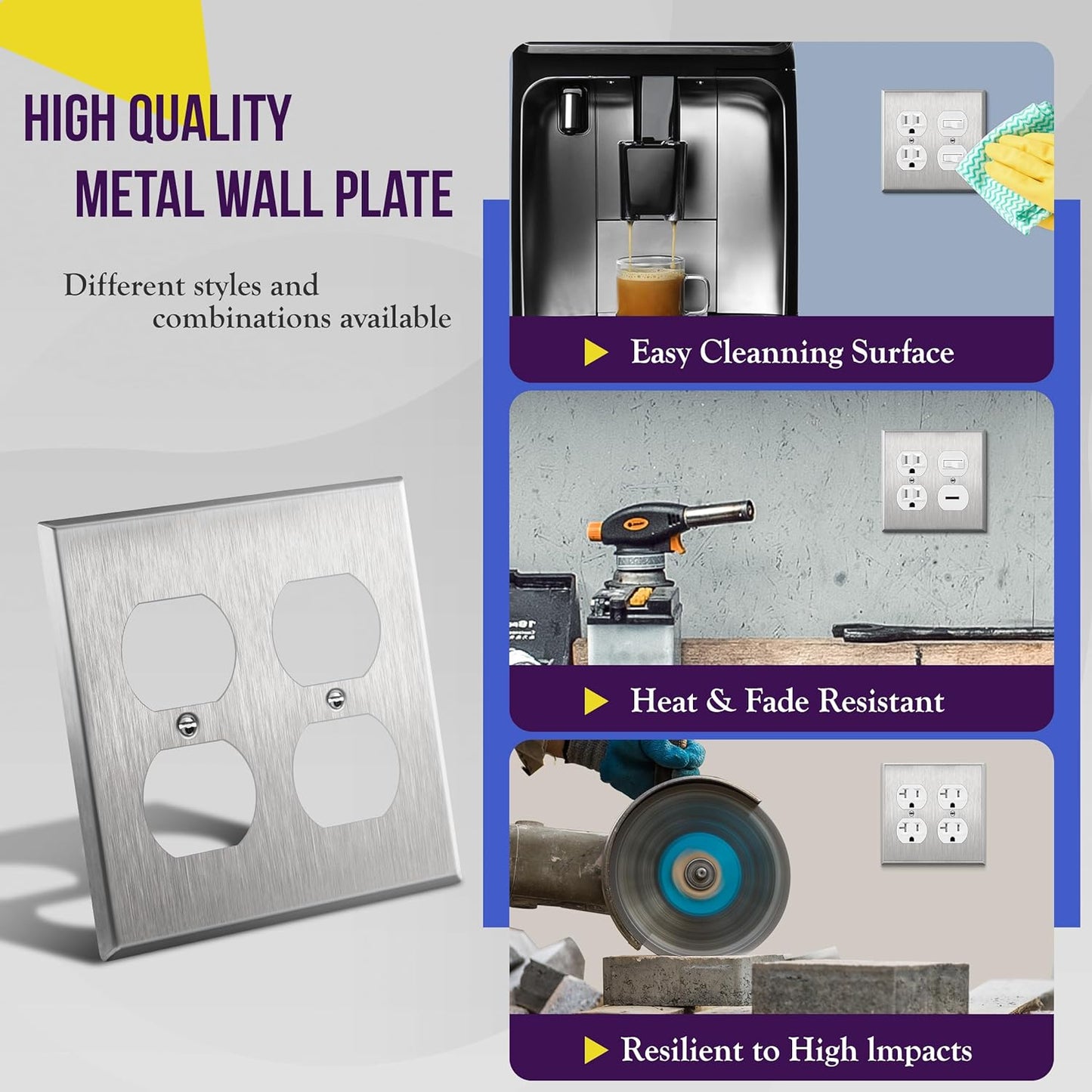 ENERLITES Double Duplex Receptacle Metal Wall Plate, Stainless Steel Socket Outlet Switch Cover, Corrosive Resistant, 2-Gang 4.50" x 4.57", 7722, 430, UL Listed, Silver, Standard Size