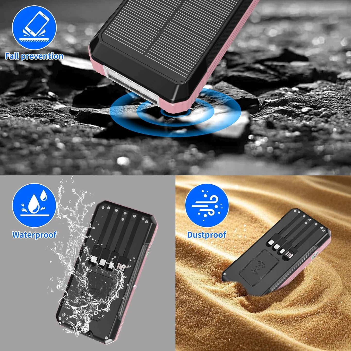Solar Charger Power Bank 49800mAh, Portable Phone Wireless Charging Built-in 4 Cables 22.5W Fast Charging,Type-C Input/Output Port Solar Panel Charger with Flashlights&Compass for Camping（Pink