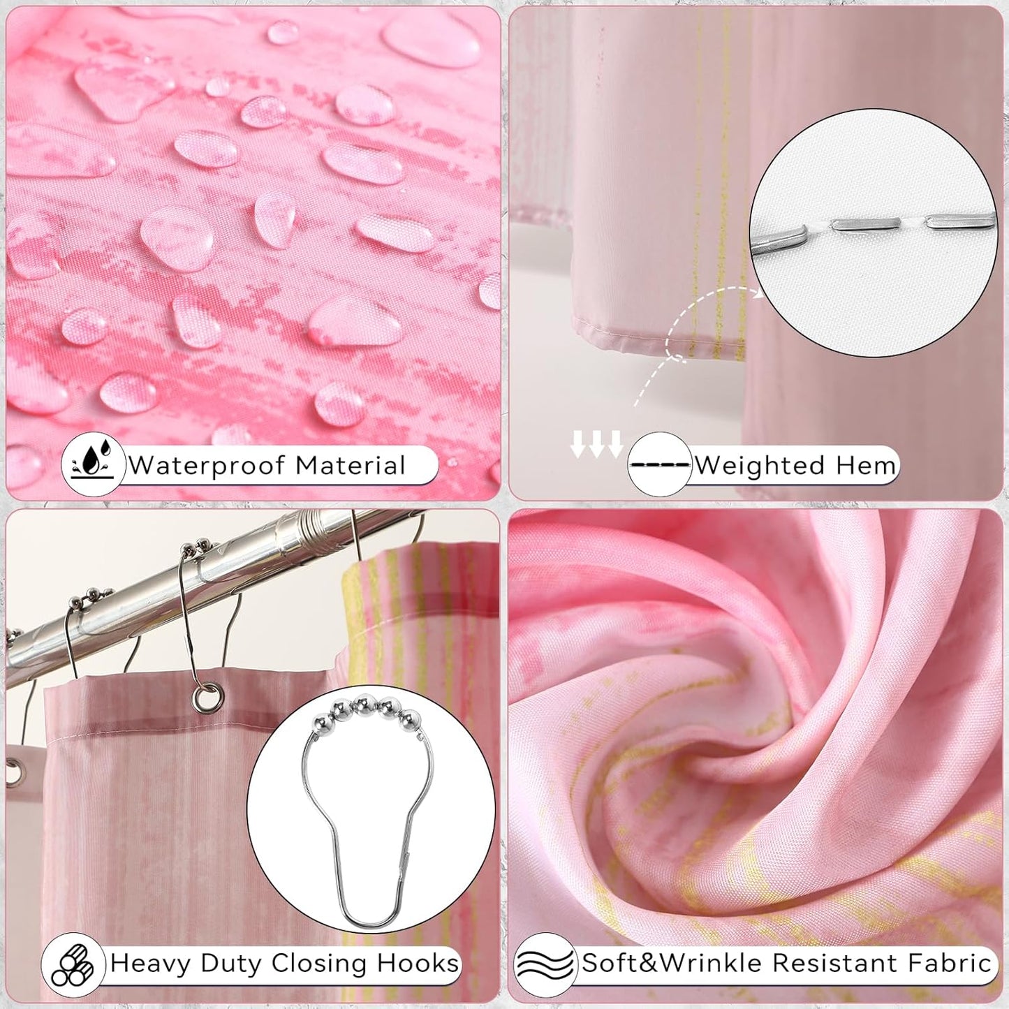 Pink and Gold Bathroom Accessories Set, Bathroom Sets with Shower Curtain, Pink Bathroom Accessories with Trash Can, Soap Dispenser, Soap Dish, Toilet Brush Holder, Qtip Holders for Bathroom