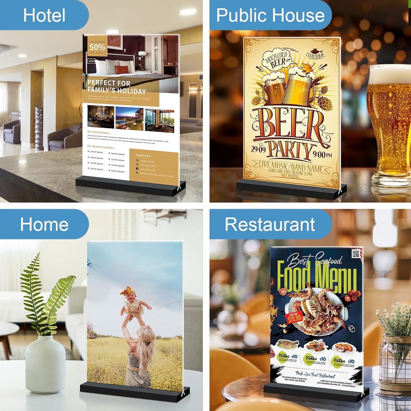 Acrylic Sign Holder 4x6, 12 Pack Clear Double Sided Menu Vertical Display Stand for Restaurants, Office, Store, Show Fair