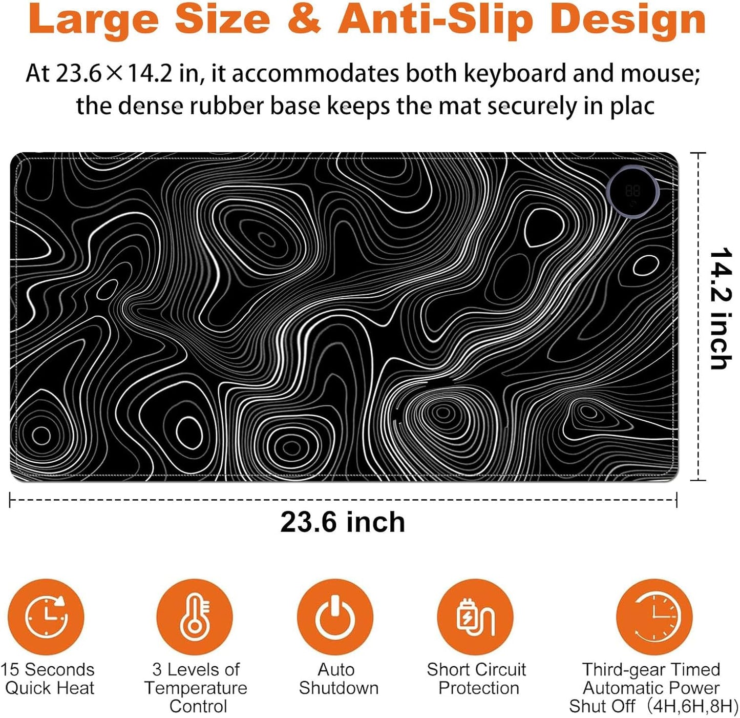 Small Heated Desk Pad 23.6" x 14.2" – Compact Electric Mouse Pad with 3 Heating Levels, Auto Shut-Off, Waterproof PU Surface, Plug-in Warmer for Office or Home Use, Topographic Lines