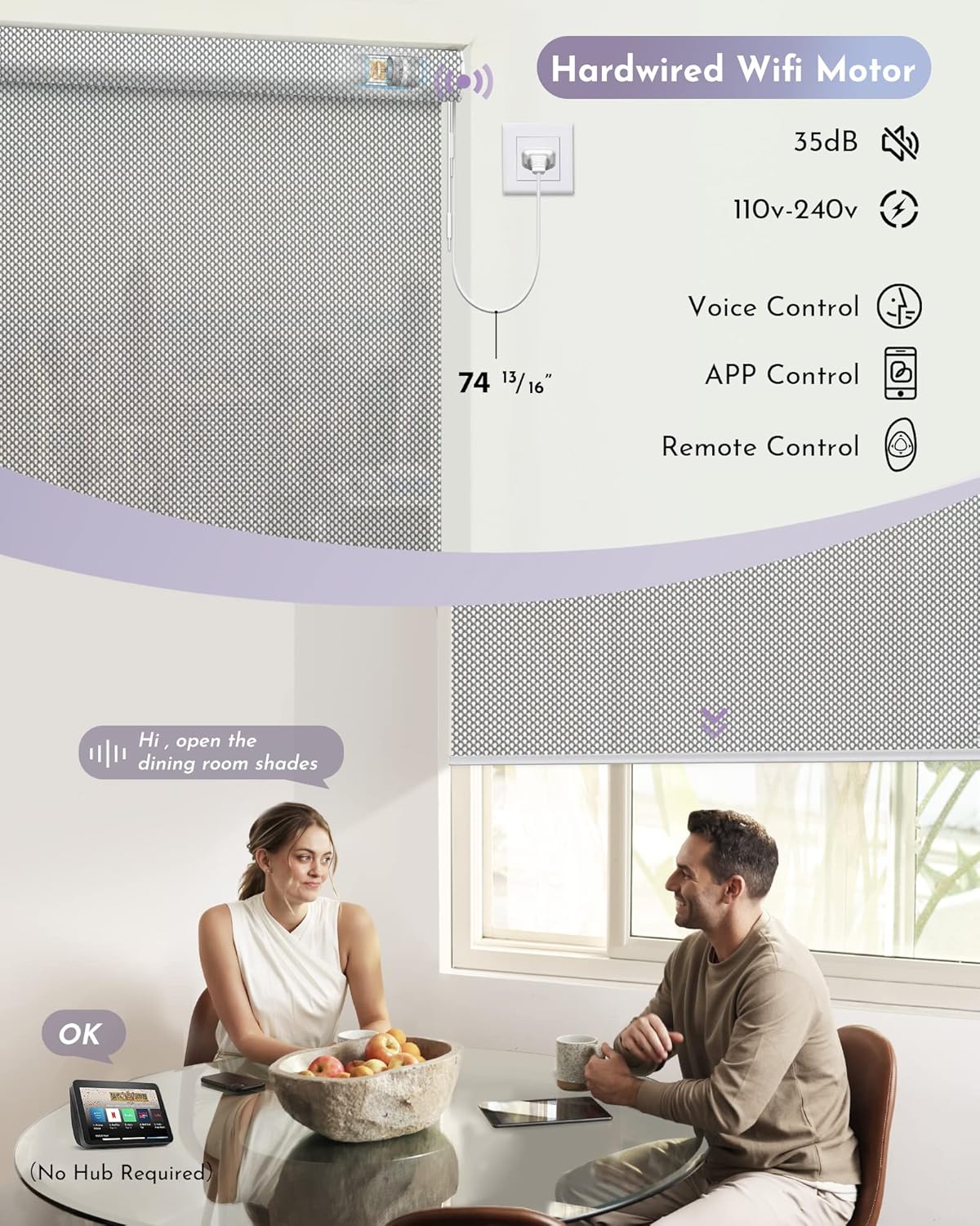 Graywind Motorized Roller Shades Compatible with Alexa Google Hardwired WiFi Smart Light Filtering Blind Remote Automated Blinds Electric Window Shade, Custom Size (3% Openness Solar Silver)