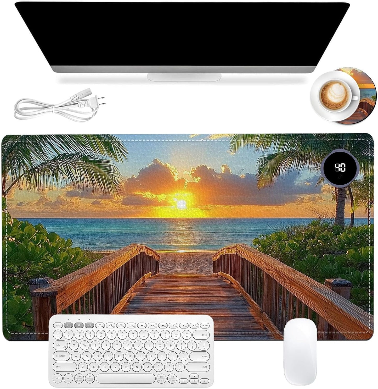 Heated Mouse Pad 23.6 x 14 in 3-Temp Fast Heating Desk Mat with Auto Timer Warmer for Hands Wrist Pain Relief Waterproof Keyboard Mat for Office, Gaming, Home, Sunset Beach Pathway