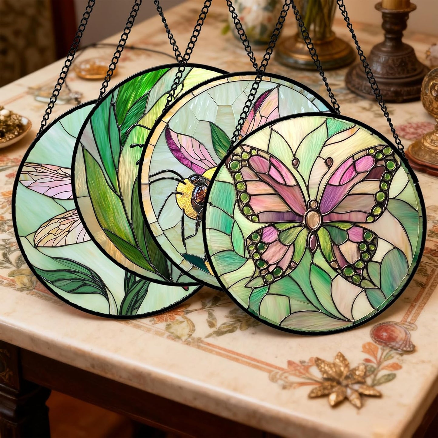 Stained Glass Window Hanging 4 Pcs Set Pink Green Insect Theme Large 15" - Butterfly Suncatcher Door Garden Sun Catcher Decor Birthday Christmas for Mom Woman Nana Men