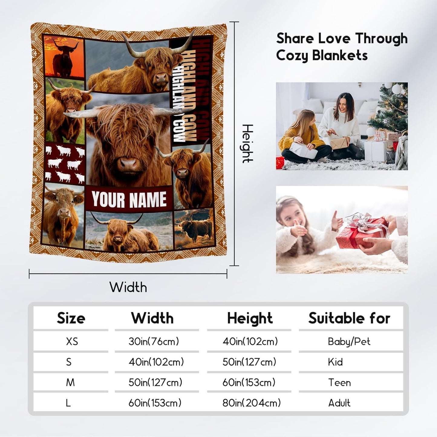 Personalized Blanket for Women Girls, Custom Highland Cow Gifts for Adults - 50"x60" Kids Throw for Couch, Sofa, Bed - Soft, Fuzzy & Cozy - Wildlife Home Decor Gift Ideal