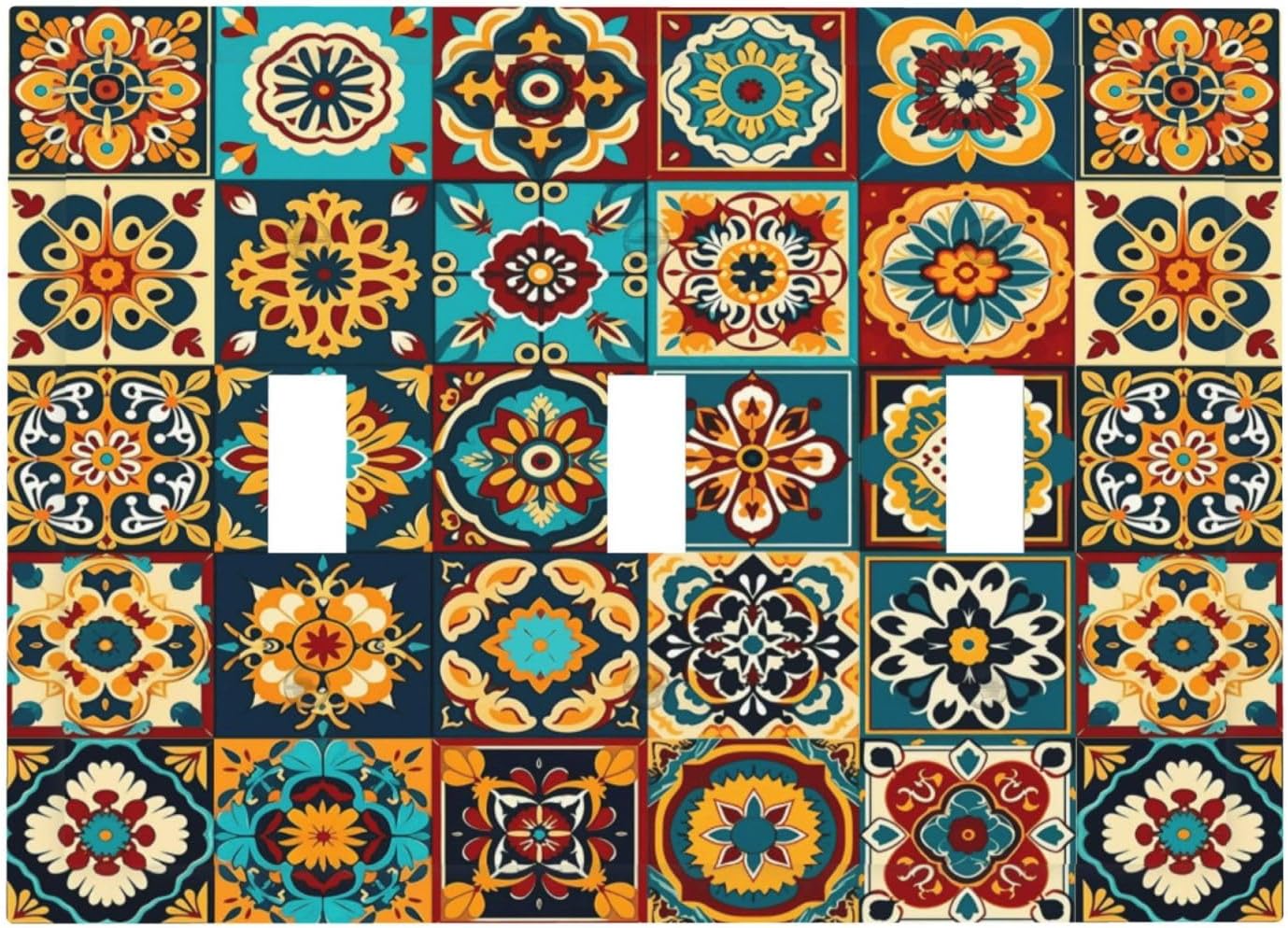 Mexican Talavera Ceramic Tile Moroccan Boho Decorative Switch Plates 3 Gang Wall Plate Triple Toggle Light Switch Cover Faceplate Electrical Wall Panels for Bathroom Kitchen Decor