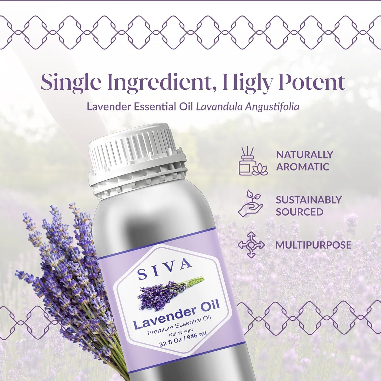 Siva Lavender Essential Oil – 32 Fl Oz – 100% Natural Lavender Oil - for Diffuser, Hair Care, Face, Skin Care, Aromatherapy, Scalp and Body Massage, Soap and Candle Making