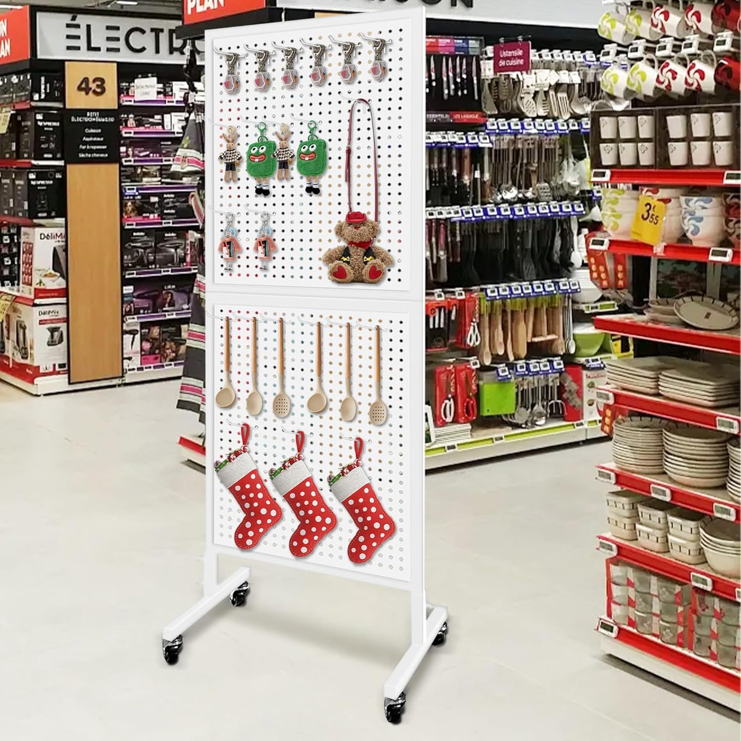 Royxen Standing Pegboard Display 2 x 5 Feet, Metal Pegboard with 30 Hooks, Peg Board Display Stand with Wheels for Vendors, Home and Retail Store (White)