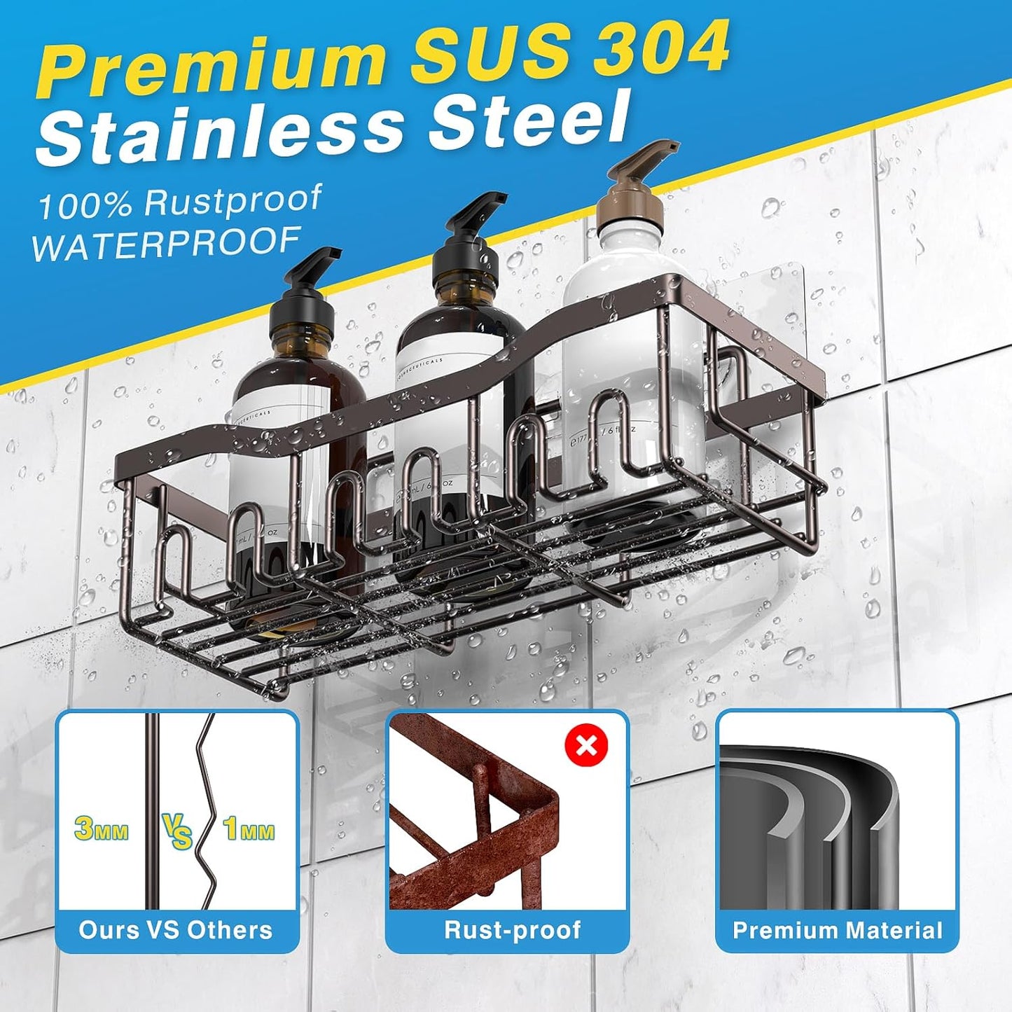 EUDELE 5-Pack Rustproof Stainless Steel Shower Caddy Set– No Drill Adhesive Bathroom Organizer, Space-Saving Shower Shelves for Apartment Essentials, Bathroom/Kitchen Storage Home Decor-L Size