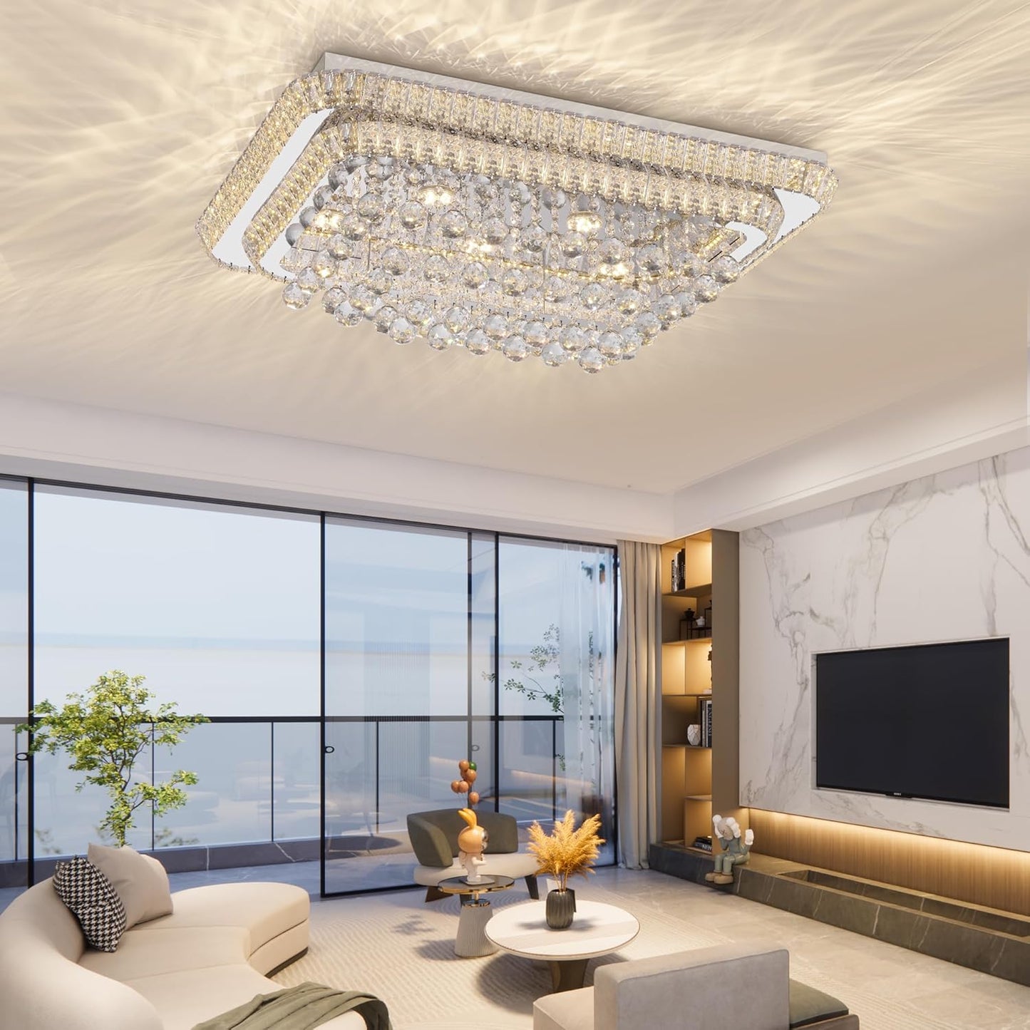 COCOSTAR 32 inch Crystal Flush Mount Chandelier Remote/APP, Modern Raindrop LED Ceiling Light, 3CCT Dimmable & Brightness Adjustable,Elegant Chandeliers for Bedroom Hallway Dinning Room Living Room