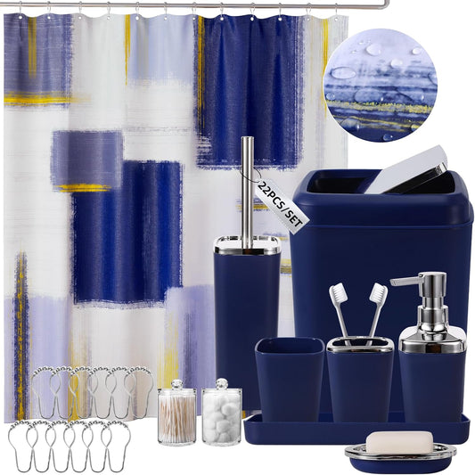 Blue Bathroom Accessories Set, Bathroom Sets with Shower Curtain, Navy Blue Bathroom Accessories with Trash Can, Soap Dispenser, Soap Dish, Toilet Brush Holder, Qtip Holders for Bathroom