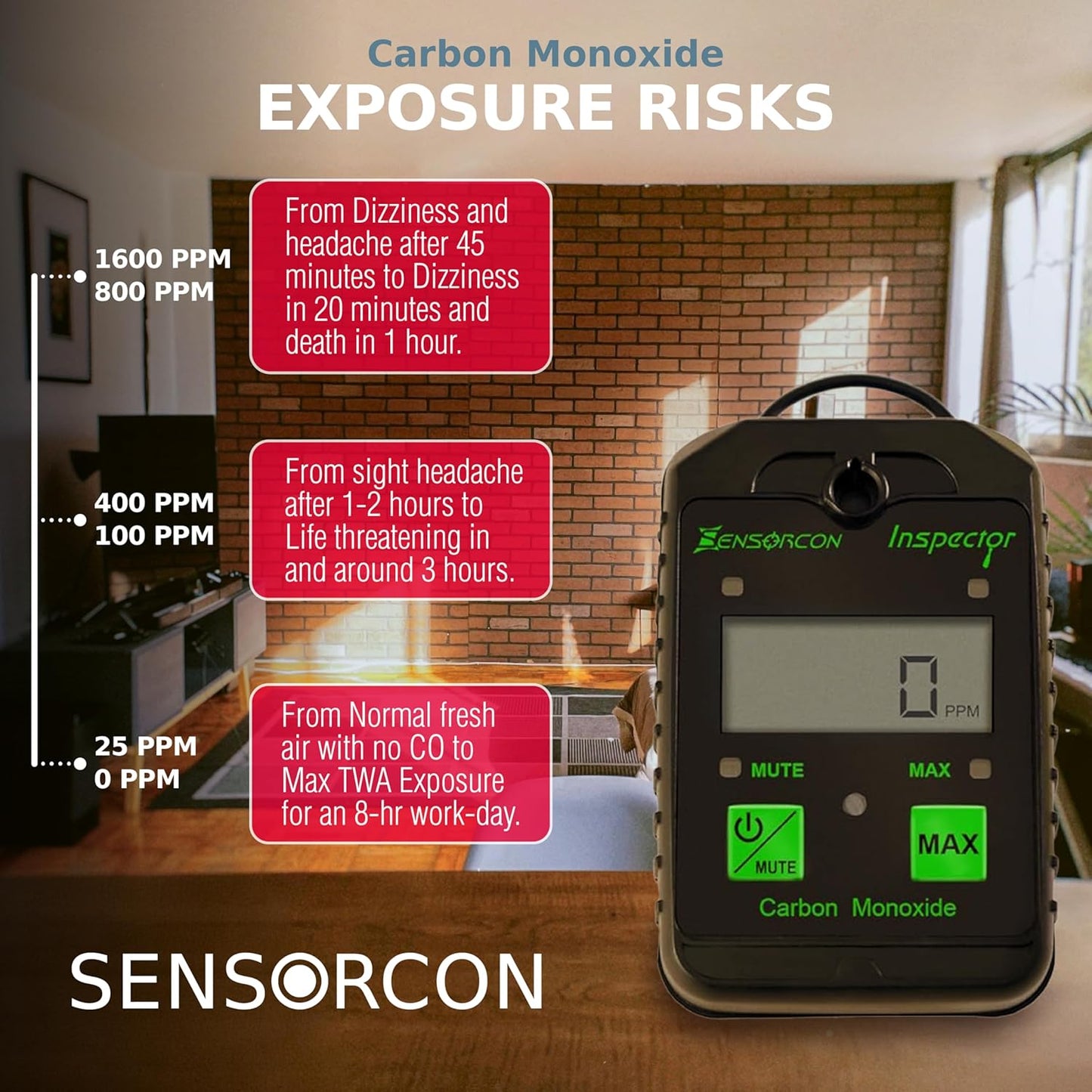Inspector Portable Carbon Monoxide Detector with Visual and Audio Alarms – Waterproof Digital CO Detector for Personal, Ambient, and Combustion Monitoring