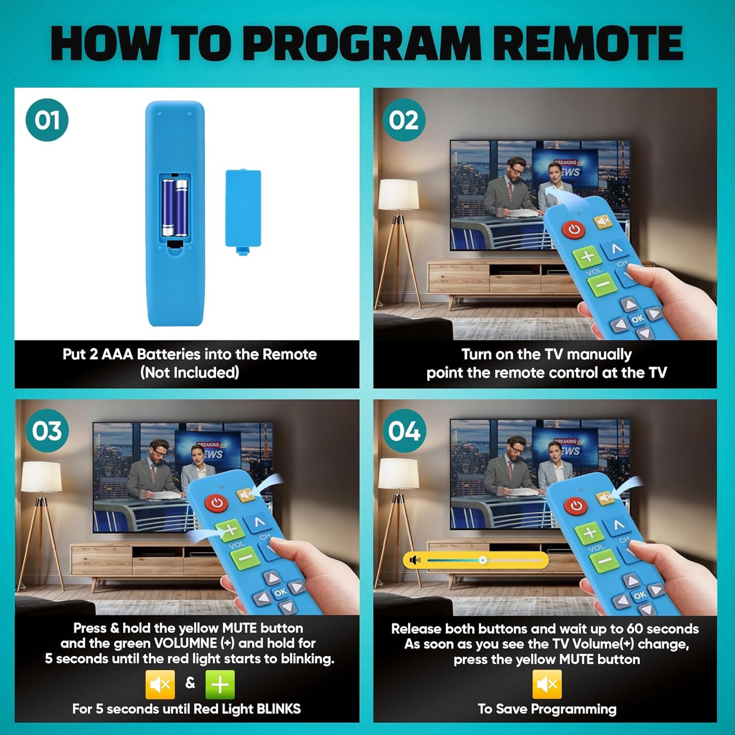 Plus Big Button Universal TV Remote (Blue) Simple Easy to Use, Works with Major TV Brands (2xAAA Batteries Not Included)