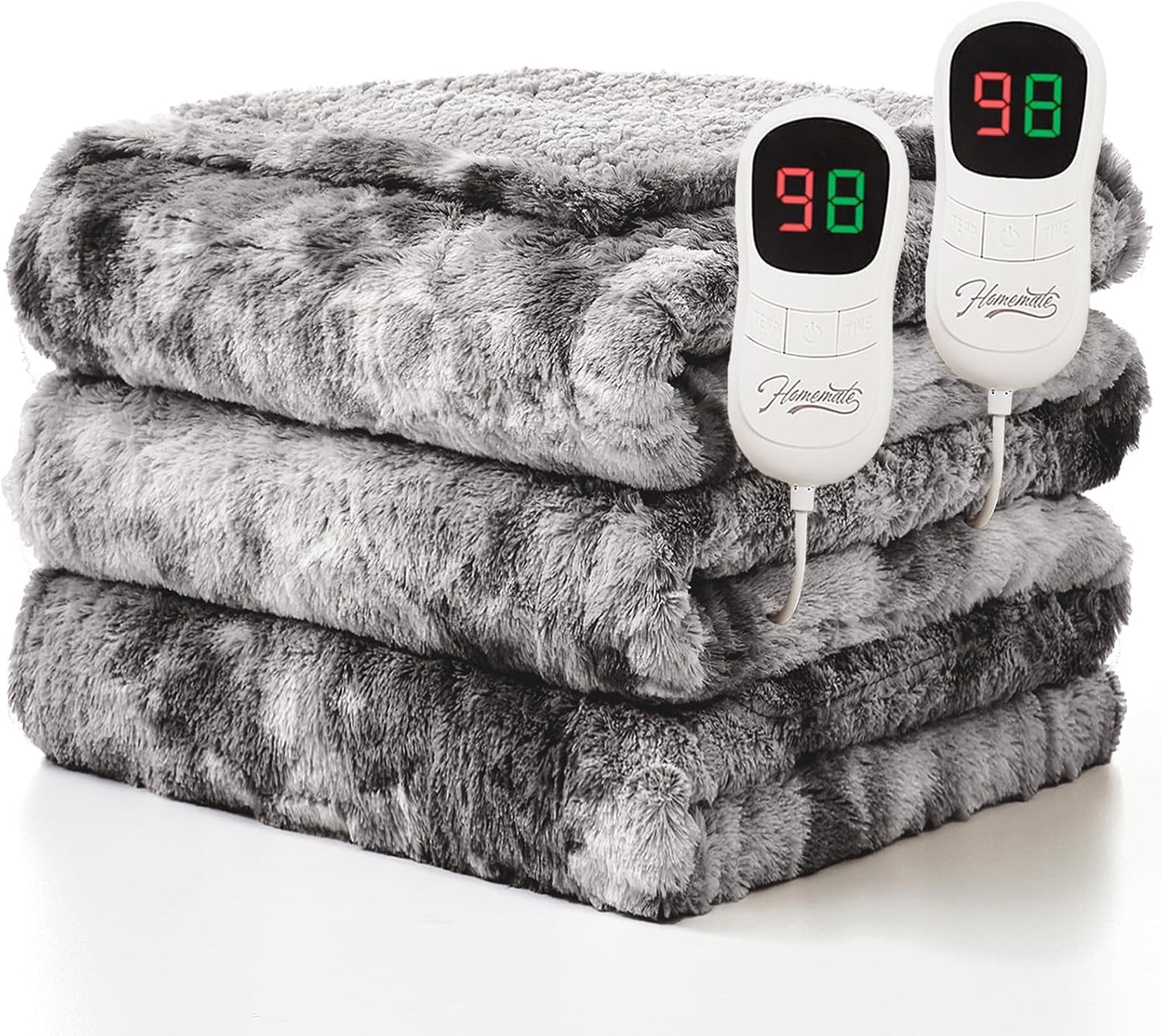 Homemate Electric Heated Blanket Queen Size - 84"x90" Heating Blanket Queen Size Dual Control 1/2/4/6/8 Hours Auto-Off 10 Heat Level Over-Heat Protection Luxury Faux Fur Sherpa ETL Certification