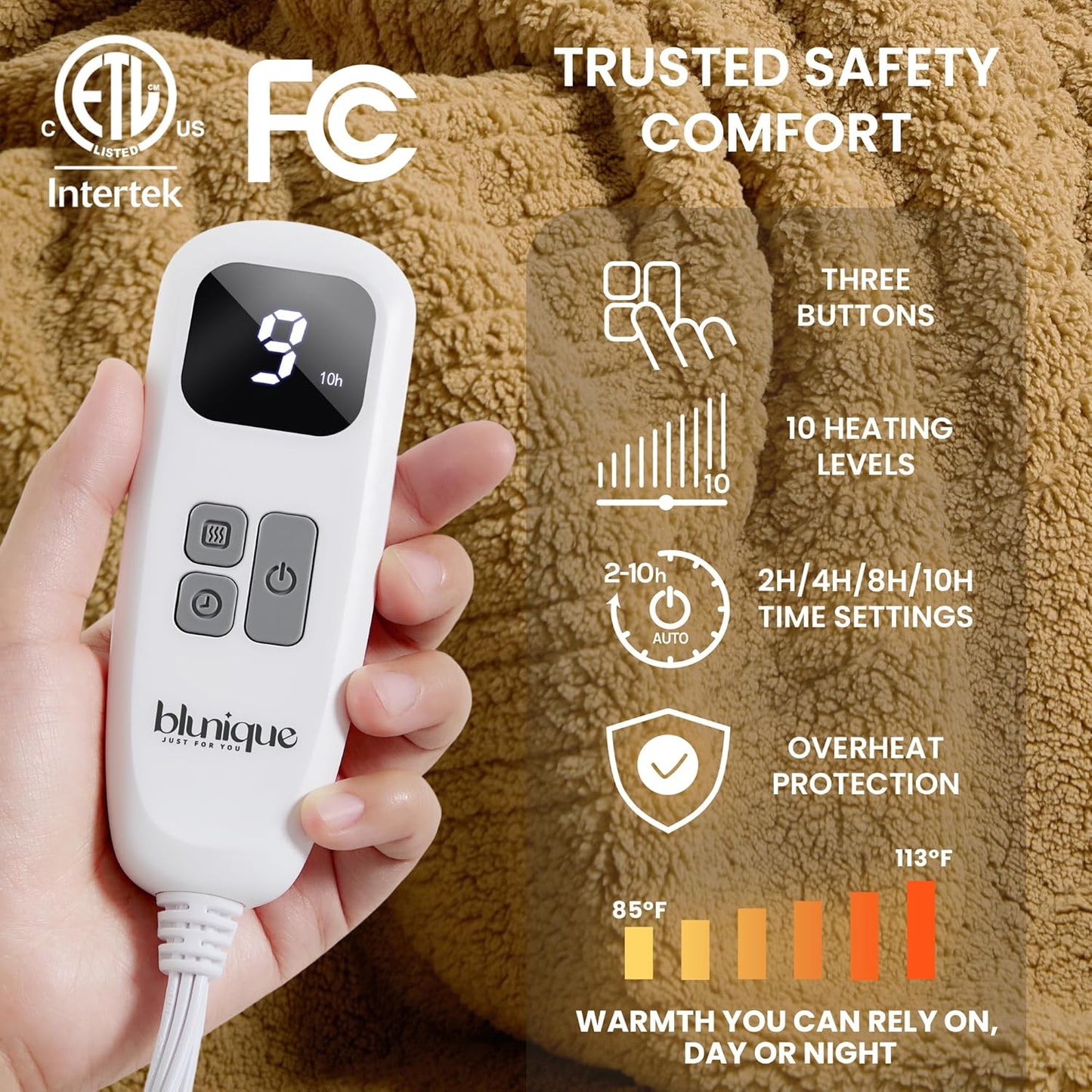 Heated Blanket Electric Blanket Throw - Fast Heating Blanket Throw Double Sided Sherpa Ultra Soft Cozy with 10 Heating Levels & 2-10 Hours Auto Off, Mashine Washable, 50 x 60 Inches, Camel