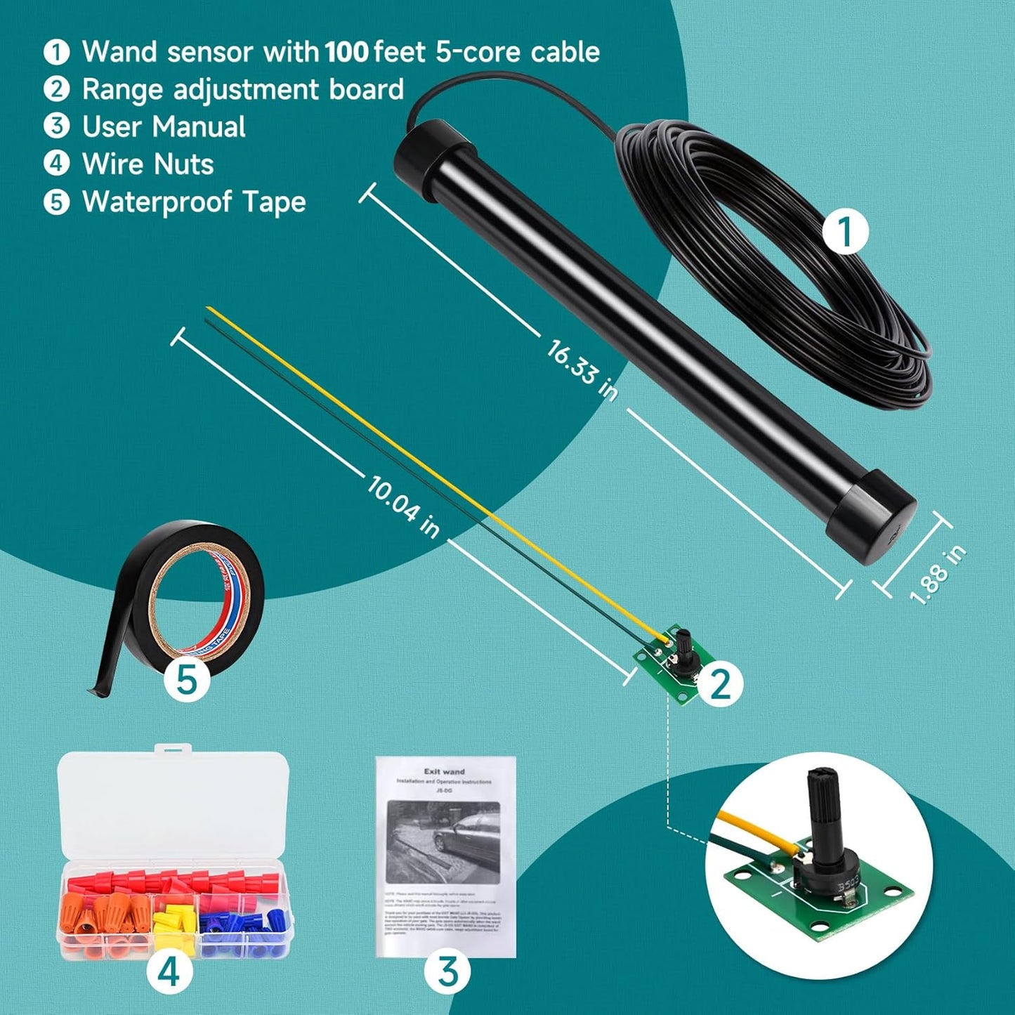 100FT. Upgraded Vehicle Exit Sensor with 100 ft Cable, Automatic Gate Opener Car Detector, Compatible with Mighty Mule,Ghost Controls,LiftMaster Vehicle Door Opening Systems