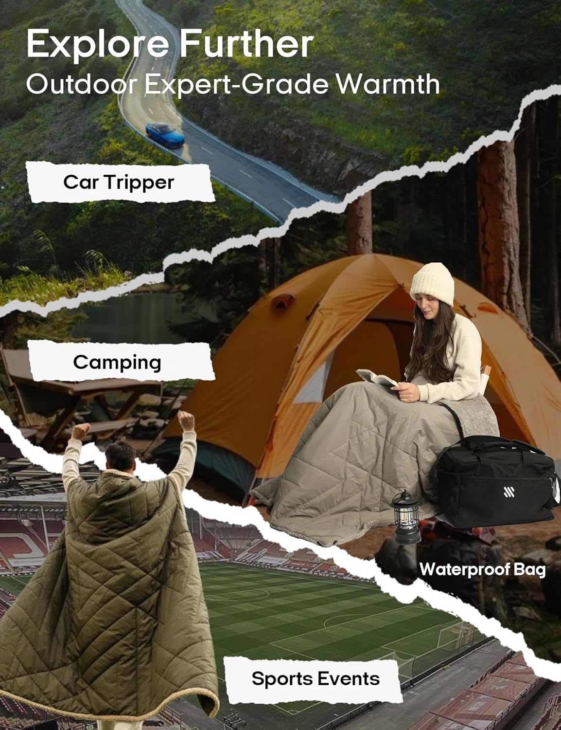 ZonLi Z-Walk Battery Operated Heated Blanket,Rechargeable 12v Portable Heated Blanket with 3 Heating Levels,Includes 20000mAh Power Bank,for Camping,Car,Stadium,Outdoors(Army Green)