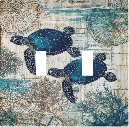 Blue Green Sea Turtle Tropical Ocean Coral Nautical Map Decorative Switch Plates 2 Gang Double Toggle Outlet Light Switch Cover Wall Plate Electrical Faceplate For Bed Room Bathroom Decor