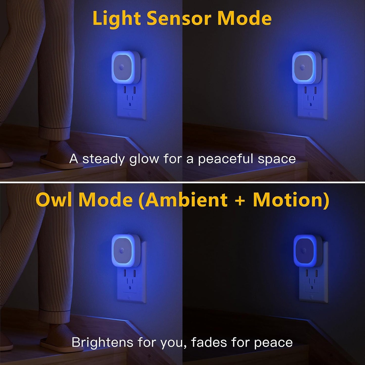 2 Pack Plug in Night Light with Motion Sensor & Dusk to Dawn Sensor, 3 Sensor Modes, Blue Night Lights Plug into Wall, Dimmable Nightlight for Bathroom, Bedroom, Indoor
