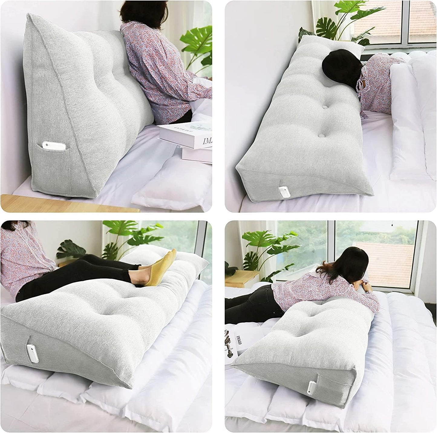 WOWMAX Headboard Wedge Pillow King Triangular Headboard Pillow Bed Wedge Pillow for Headboard Wedge Pillow Headboard for Daybed Bunk Bed Large Bolster Pillow for Bed with Removable Cover, Grey-Beige