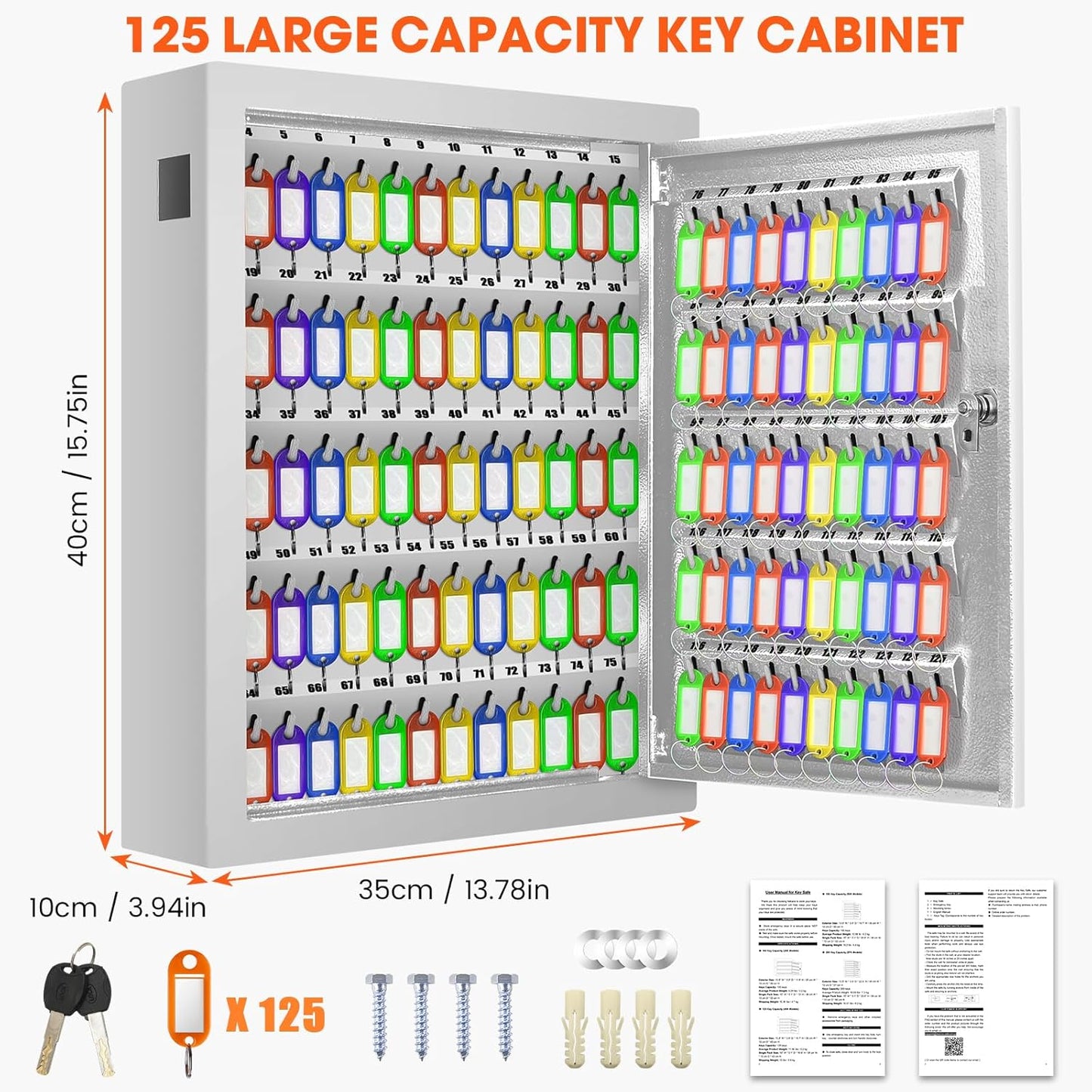 125 Key Lock Box Wall Mount with Anti-Theft Deposit Key Slot, White Key Cabinet with Key Hooks & 125 Tags Key Labels, Key Safe for Hotels & Office & Companies & Car Dealerships
