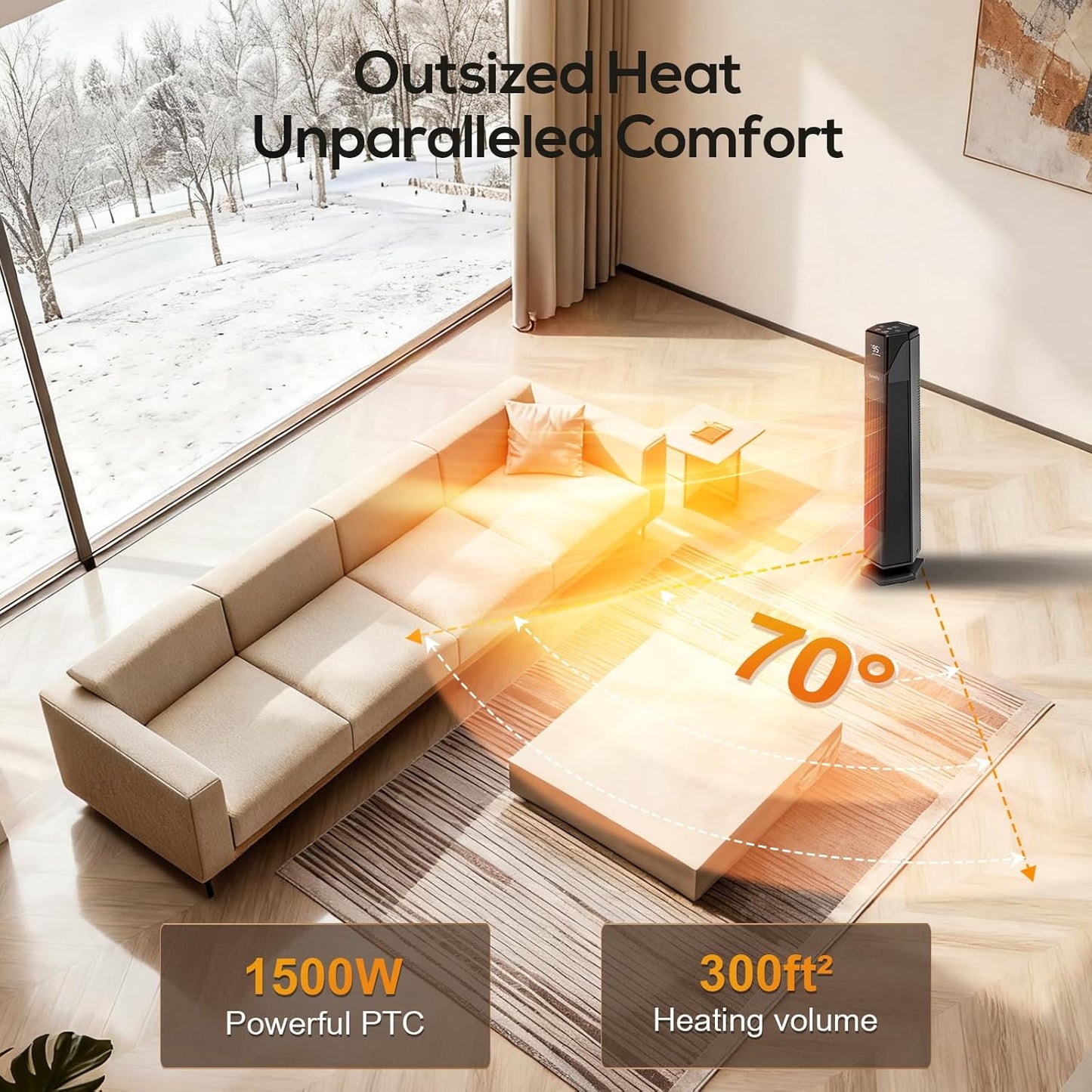 Hykolity Space Heater Large Room, 30" Electric Heaters for Indoor Use with Thermostat and Remote,70° Oscillation, 24H Timer, 1500W Fast Heating Portable Heaters for Office, Bedroom, Home - Black