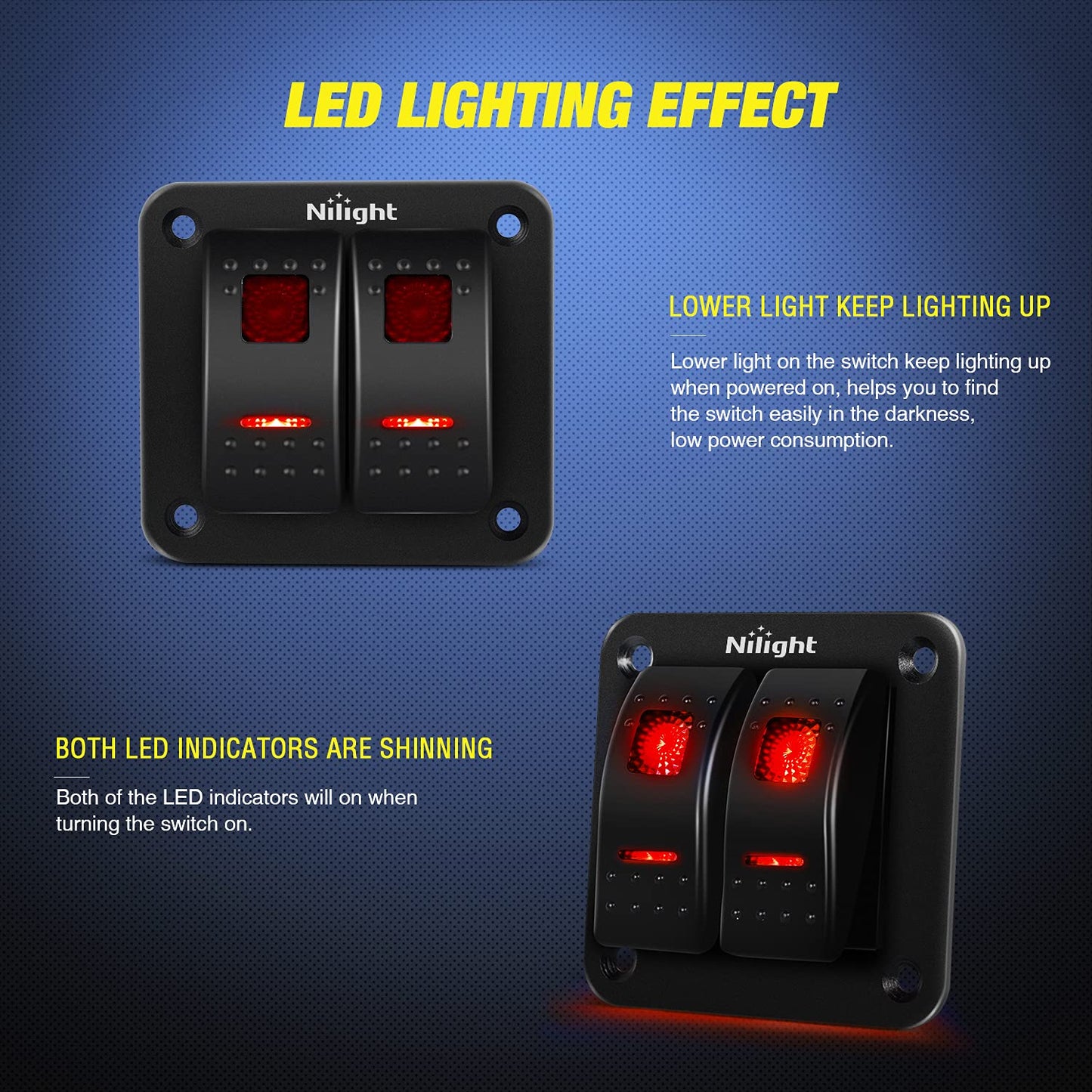 Nilight 2 Gang Rocker Switch Panel 12V 24V DC Red Switches Aluminum 5Pin ON Off PreWired Toggle Waterproof for Cars Boats ATVs UTVs
