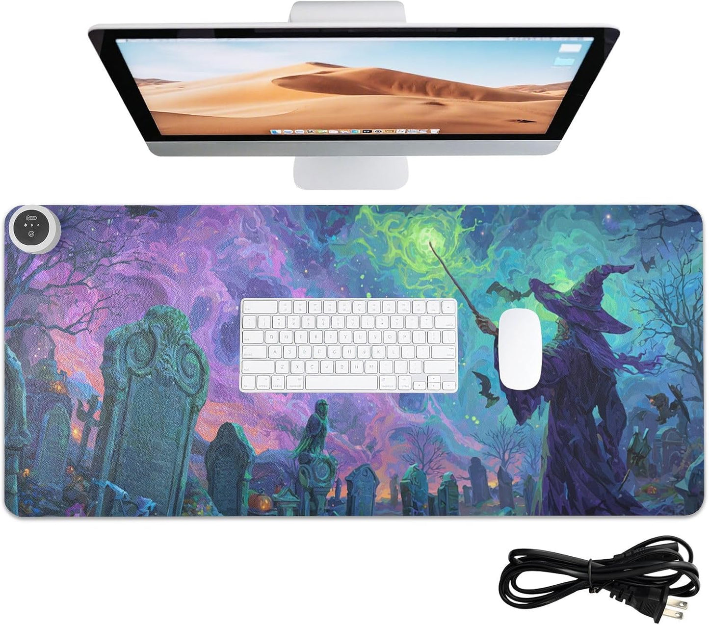 Heated Desk Pad Mouse Pad 31.5x13 Inch PU Leather Desk Mat with 3 Heat Levels Large Mouse Gaming Computer Laptop Mat Halloween Graveyard Purple