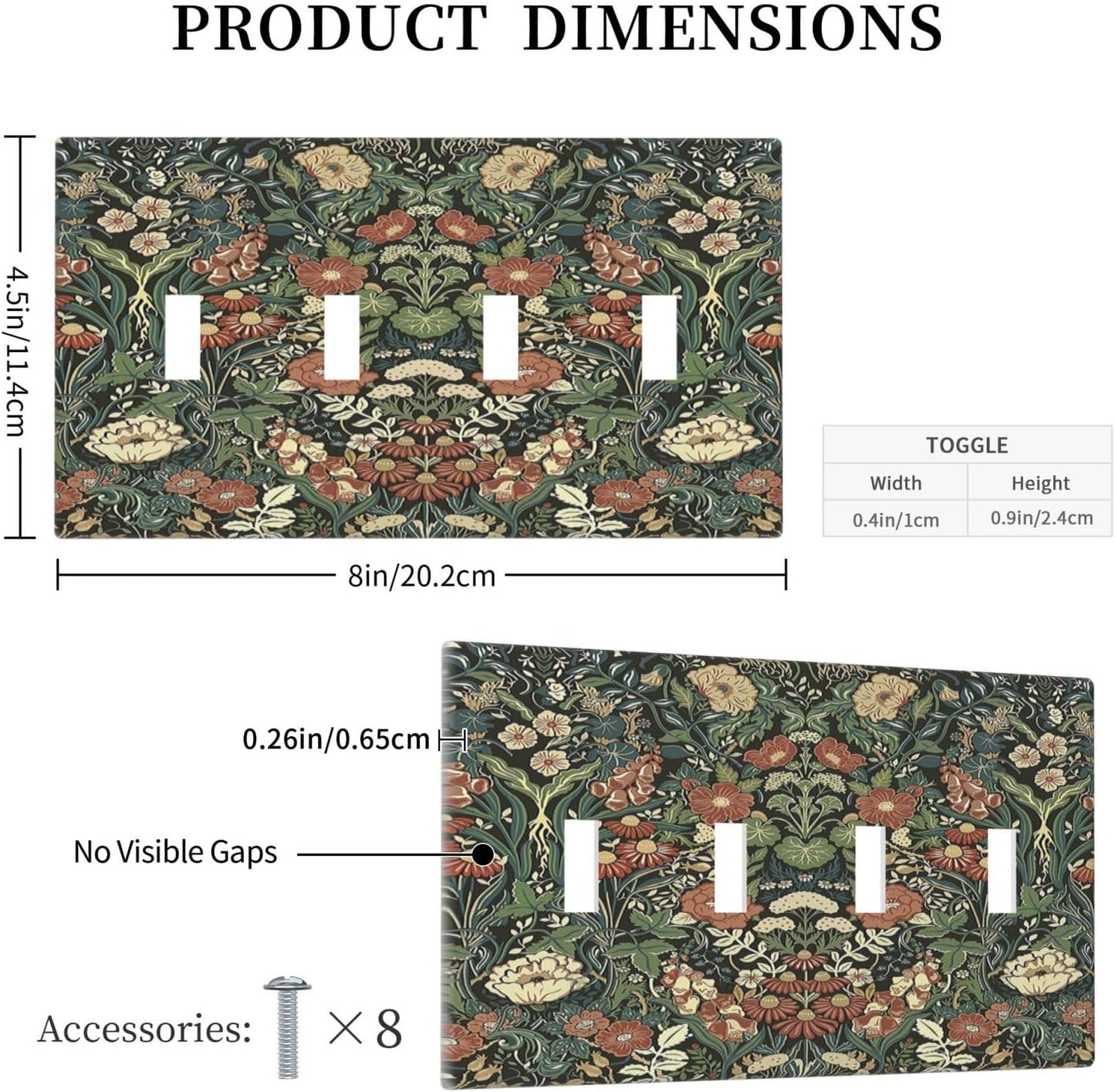 Light Switch Covers Vintage Dark Floral William Morris Green Flower Quad Toggle Electrical Faceplate 4 Gang Wall Plate Decorative Switch Plates for living Room Home Decor