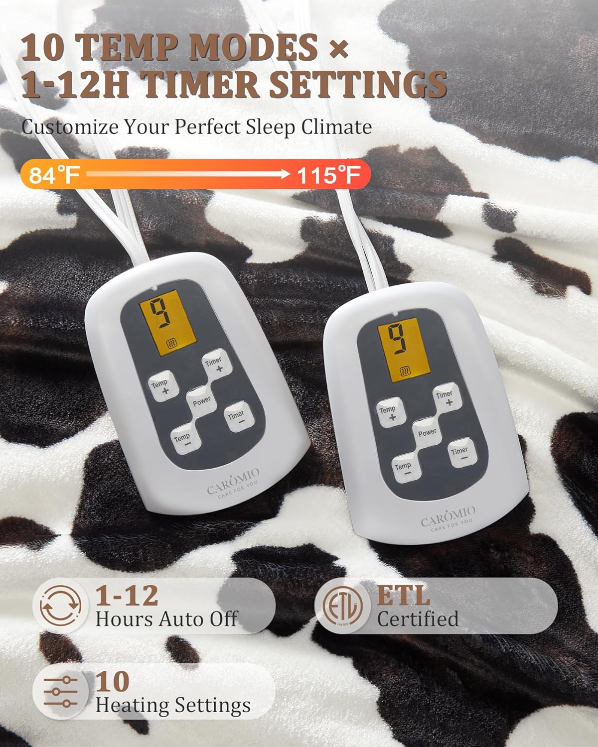 CAROMIO Heated Electric Blanket King Size with LCD Dual Controller, Cow Print Heating Blankets, 10 Heat Levels & 1-12H Time Settings, ETL Certified, Machine Washable, Brown Black, 100" x 90"