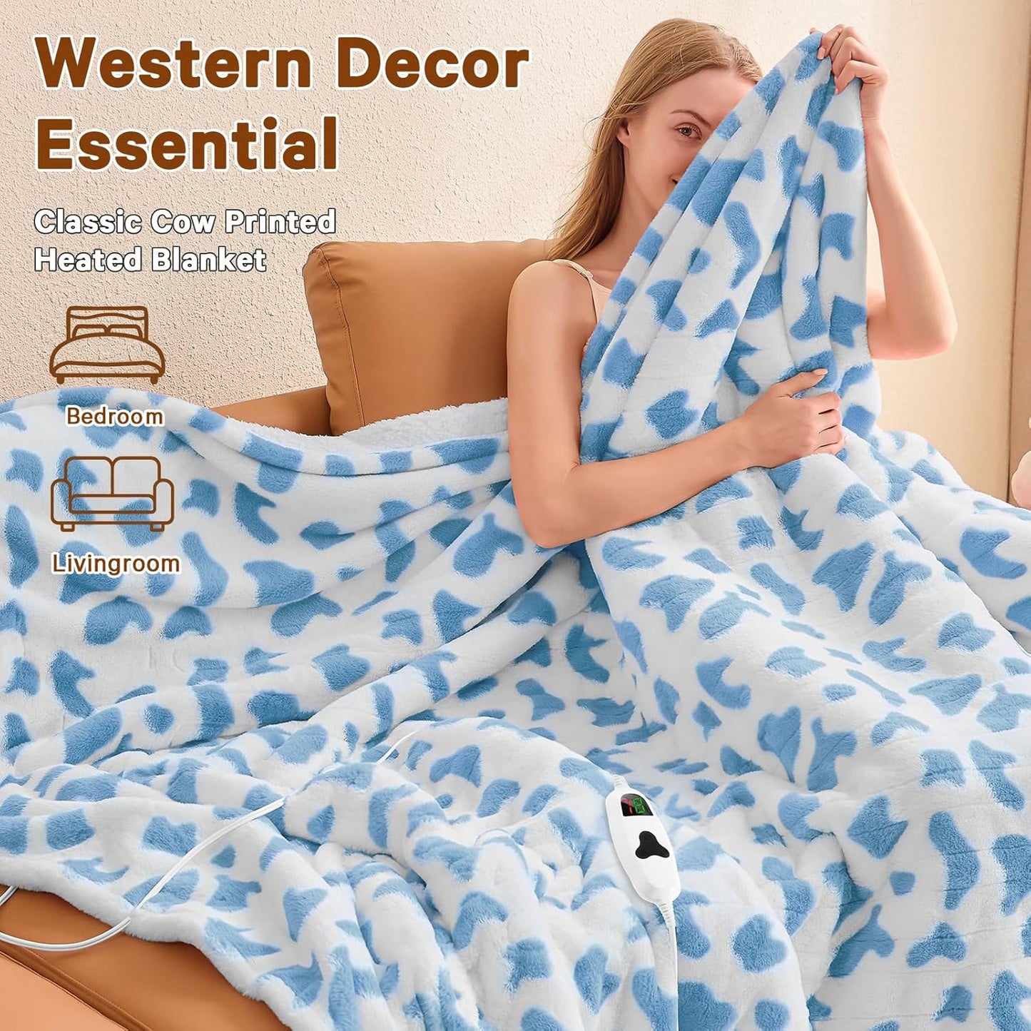 Cow Print Heated Electric Blanket Twin,62X84 Blue Heating Blanket with 10 Heats Levels & 8 Hours Auto Off,Cute Cow Decor Fleece Sherpa Blankets Warmer Gifts for Women Couch Office,Washable