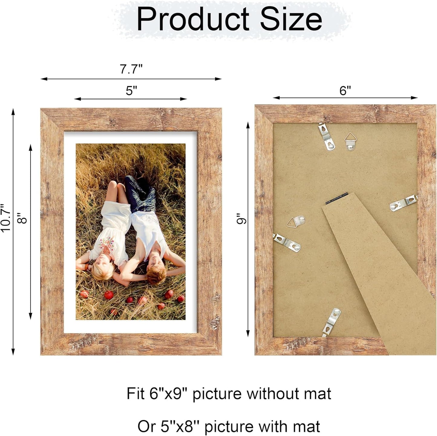 iRahmen 6x9 Picture Frame with HD Tempered Glass, Display Pictures 5x8 with Mat or 6 x 9 Without Mat, Wood Photo Frame for Tabletop and Wall (Rustic Brown, 1 Pack)