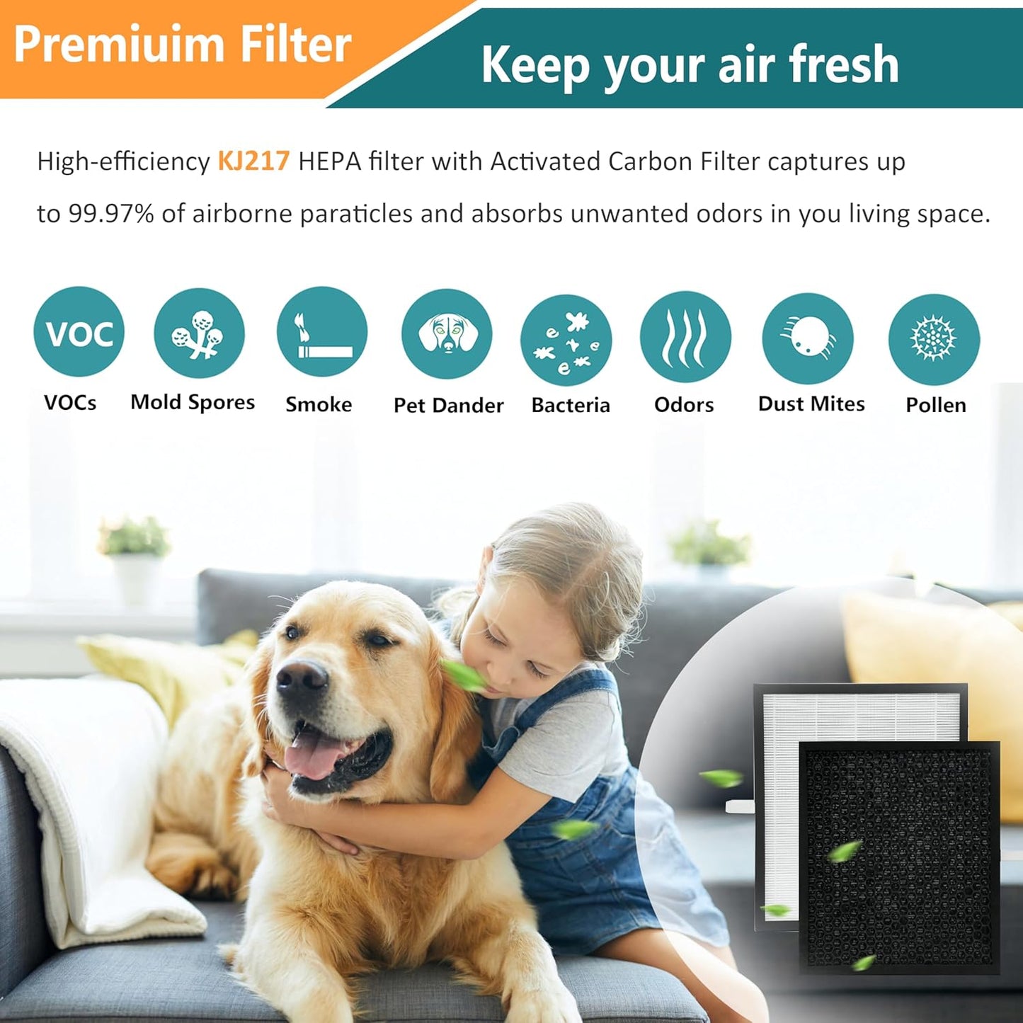 2 Pack KJ217 Air Purifier Filter Replacement, Compatible with MOOKA KJ217 Air Purifier, 3-in-1 True HEPA Filter, High-Efficiency Activated Carbon Filter