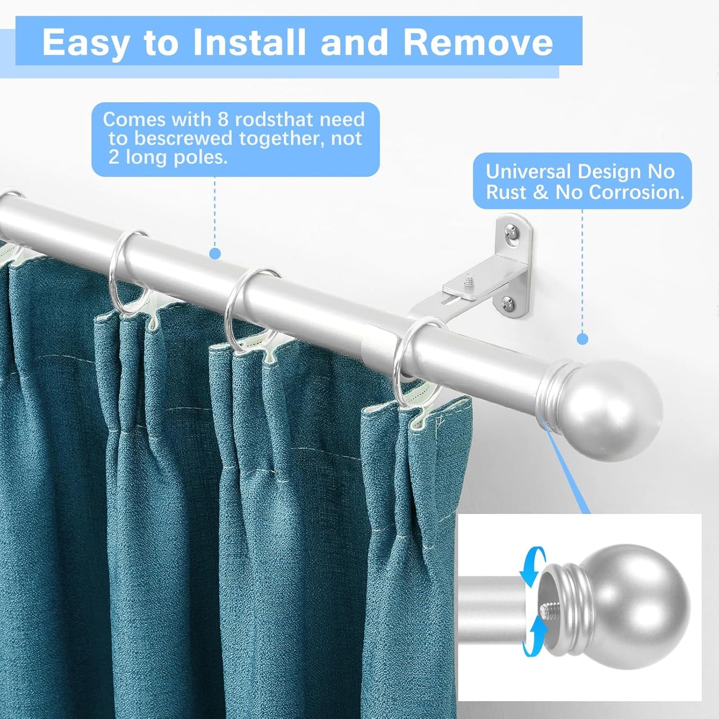 Curtain Rods for Windows 16 to 120 Inches, Curtain Rod Max Adjustable Length of 132 IN, 1" Diameter Drapery Rods Round Finials, Satin Silver, Pack of 2