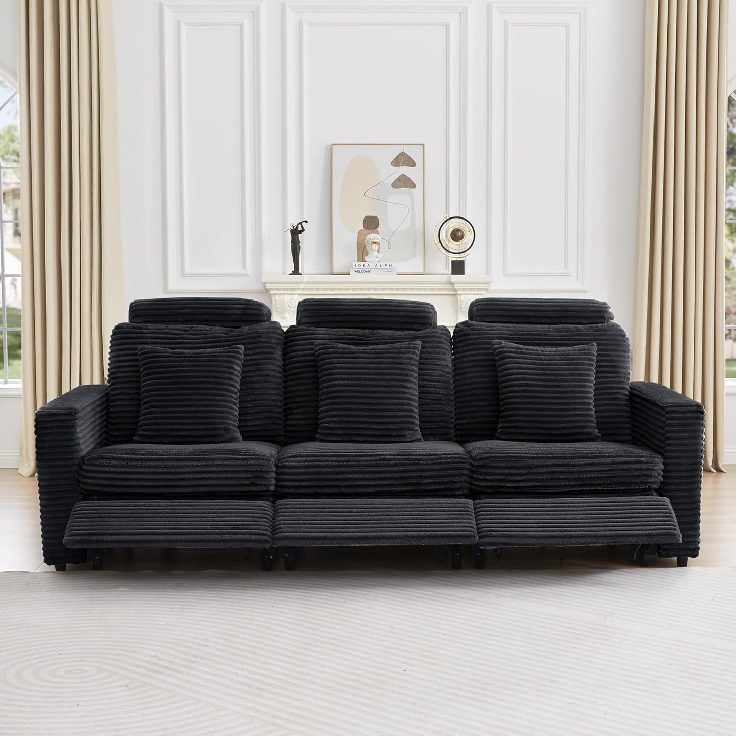 LEVNARY 3-Seater Modular Reclining Sofa, Faux Rabbit Fur Power Recliner Couch with 3 Electric Seats, 3 Pillows & Side Pockets, Adjustable Back & Footrest, Living Room Furniture (Black)