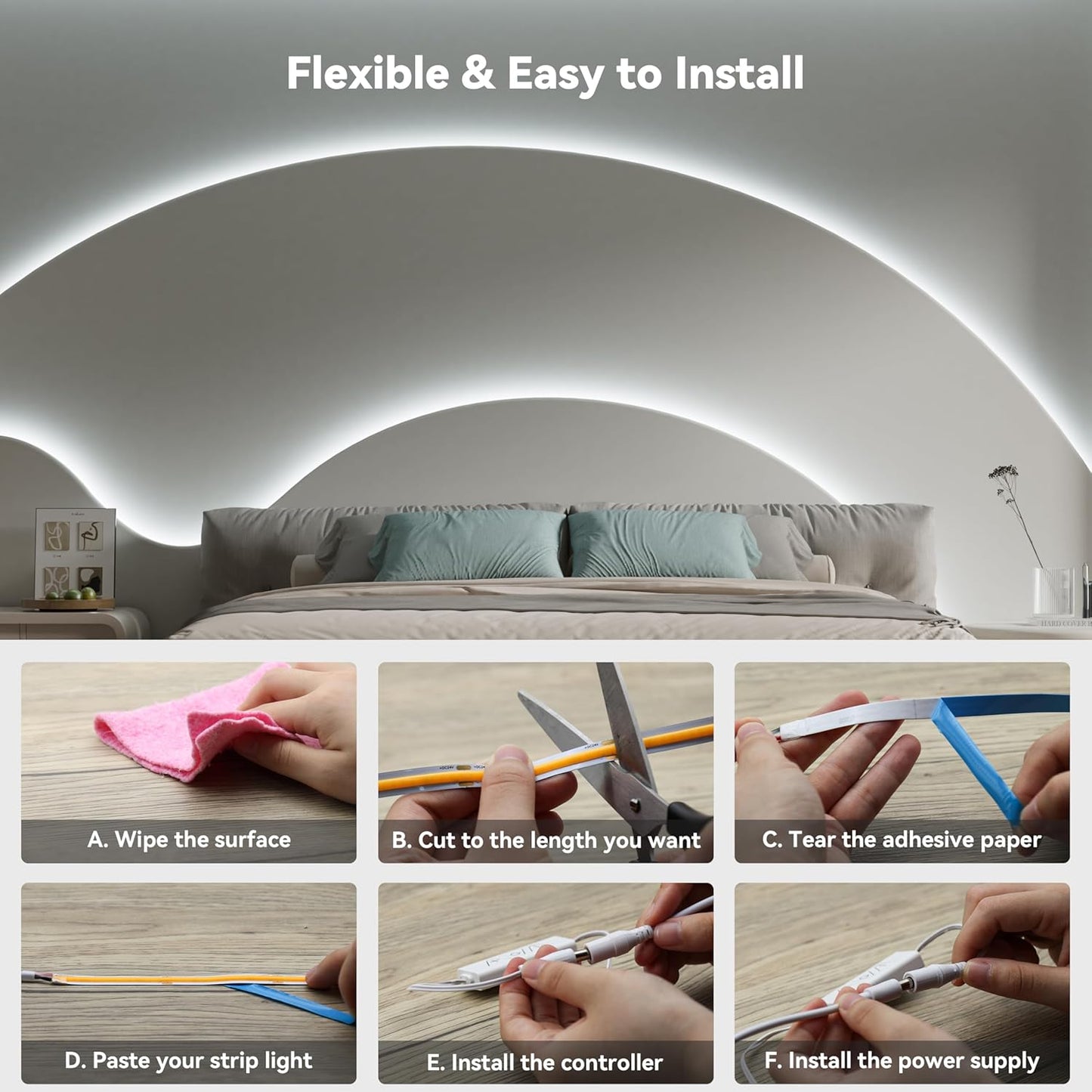 PAUTIX COB LED Strip Light,Strip Lights with RF Remote,UL Listed Daylight White Natural White 6000K 16.4ft Super Bright Dimmable 24V Flexible LED Tape Lights,Cabinets Kitchen Mirror Office Lighting