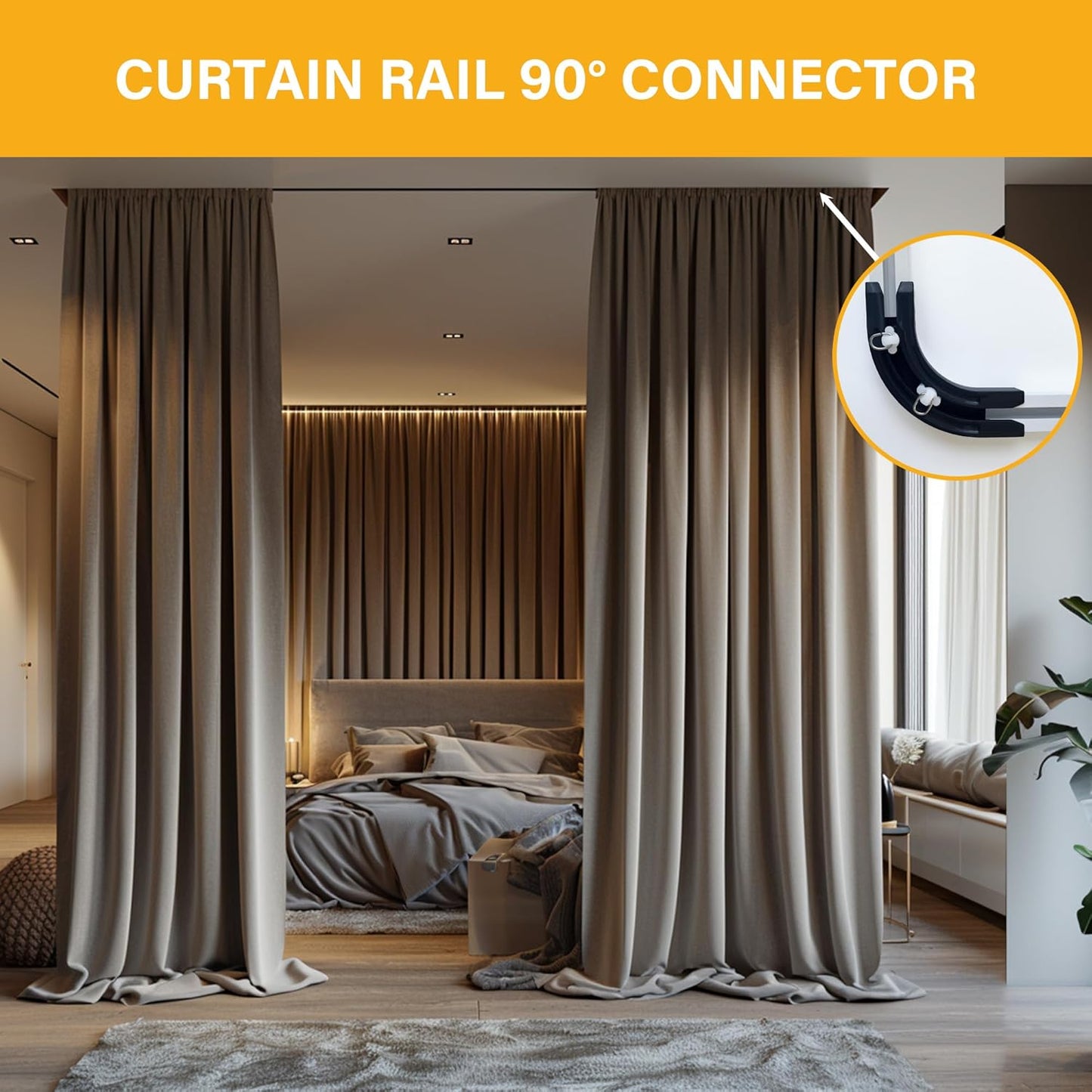 90° Curved Connectors for Ceiling Curtain Track, Ceiling Track for Curtains, Track Curtains Ceiling Mount/Wall Mount, Room Divider Curtains Tracks（Black 2 PCS）.