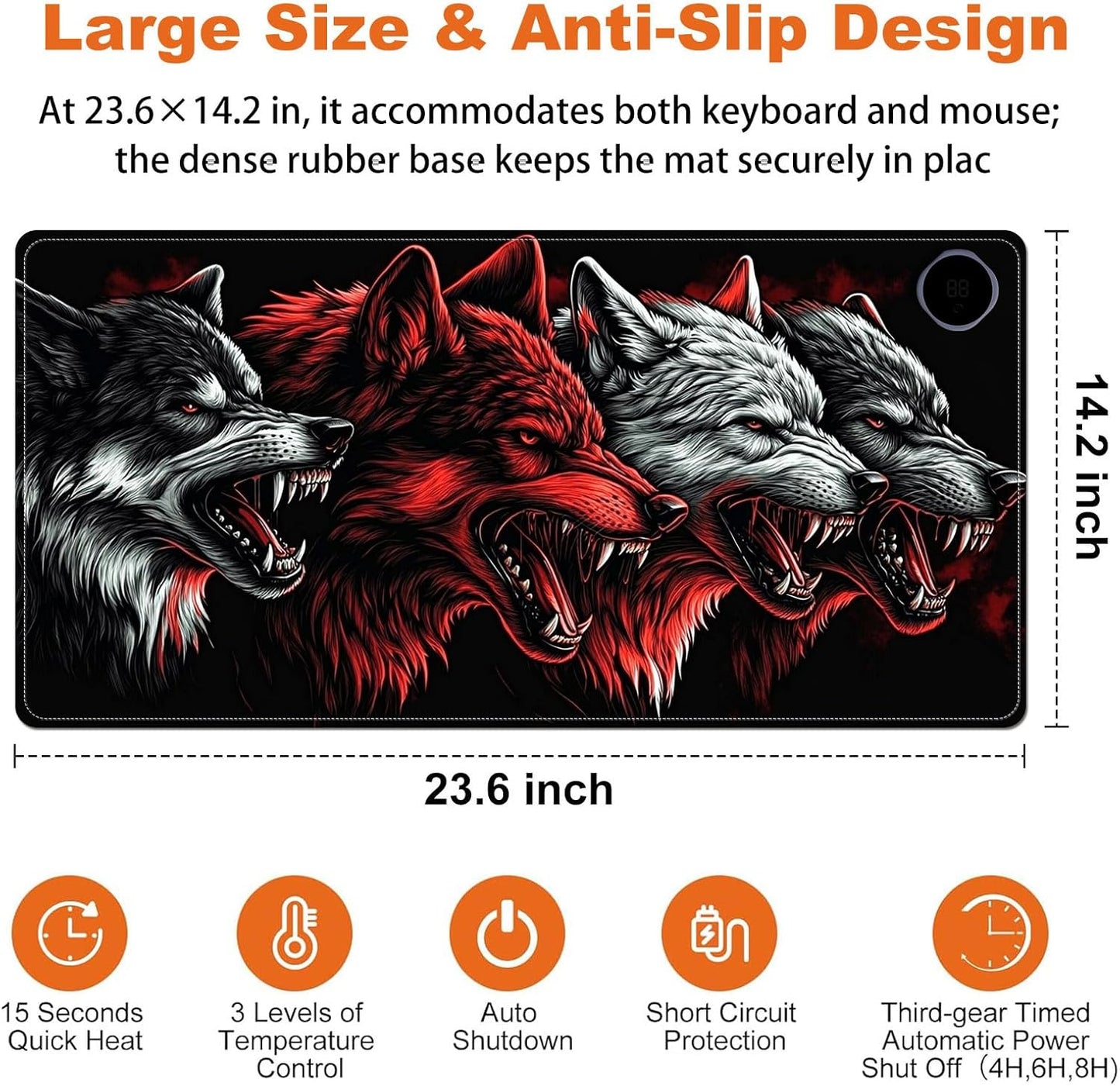Small Heated Desk Pad 23.6" x 14.2" – Compact Electric Mouse Pad with 3 Heating Levels, Auto Shut-Off, Waterproof PU Surface, Plug-in Warmer for Office or Home Use, Four Wolves