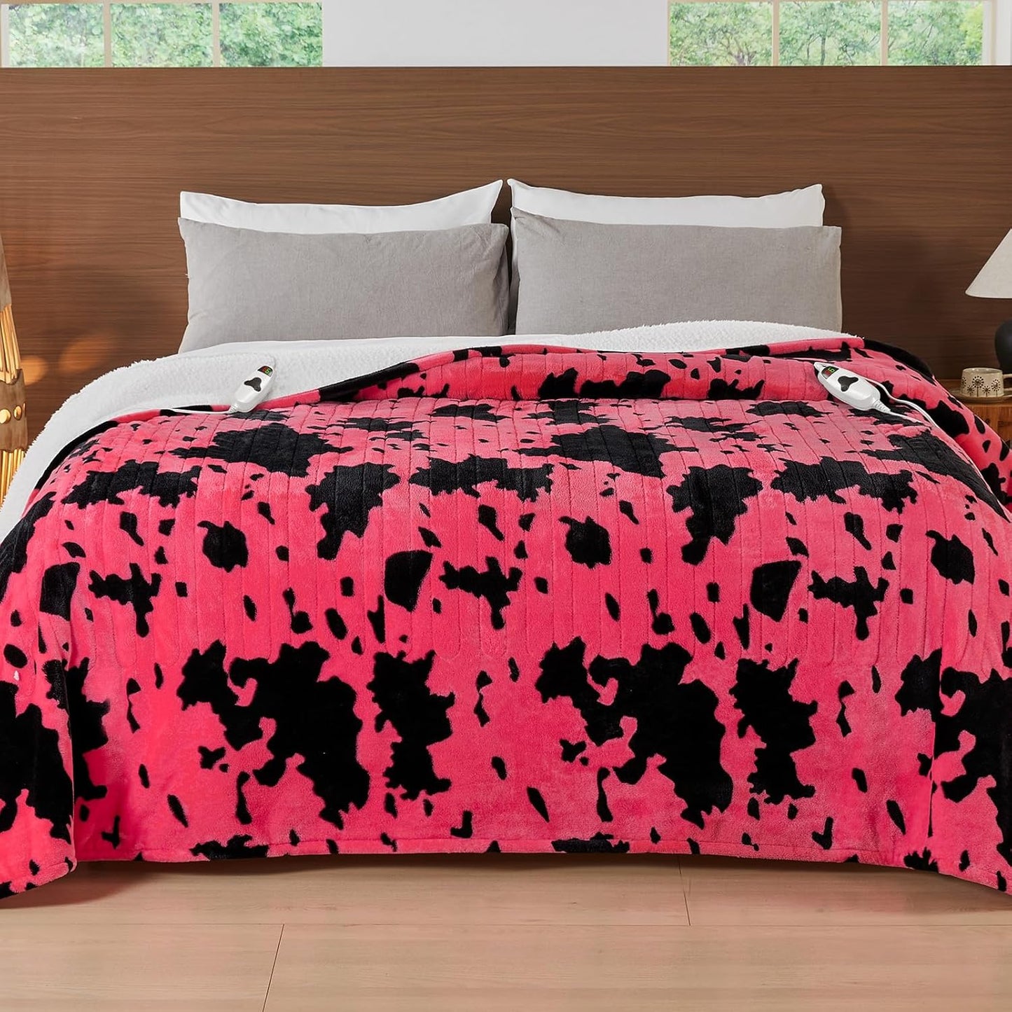 Cow Print Electric Heated Blanket Queen Size,84X90 Pink Heating Blanket Queen with Dual Control&Timer&10 Heat Levels,Highland Cow Decor Fleece Sherpa Blankets Warmer Gifts for Bed Women Adults